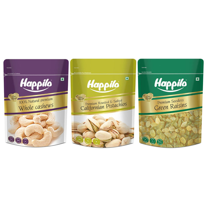 Happilo Premium Super Value Pack Combo 1350g (Cashew 450g, Pista 450g & Raisins 450g)