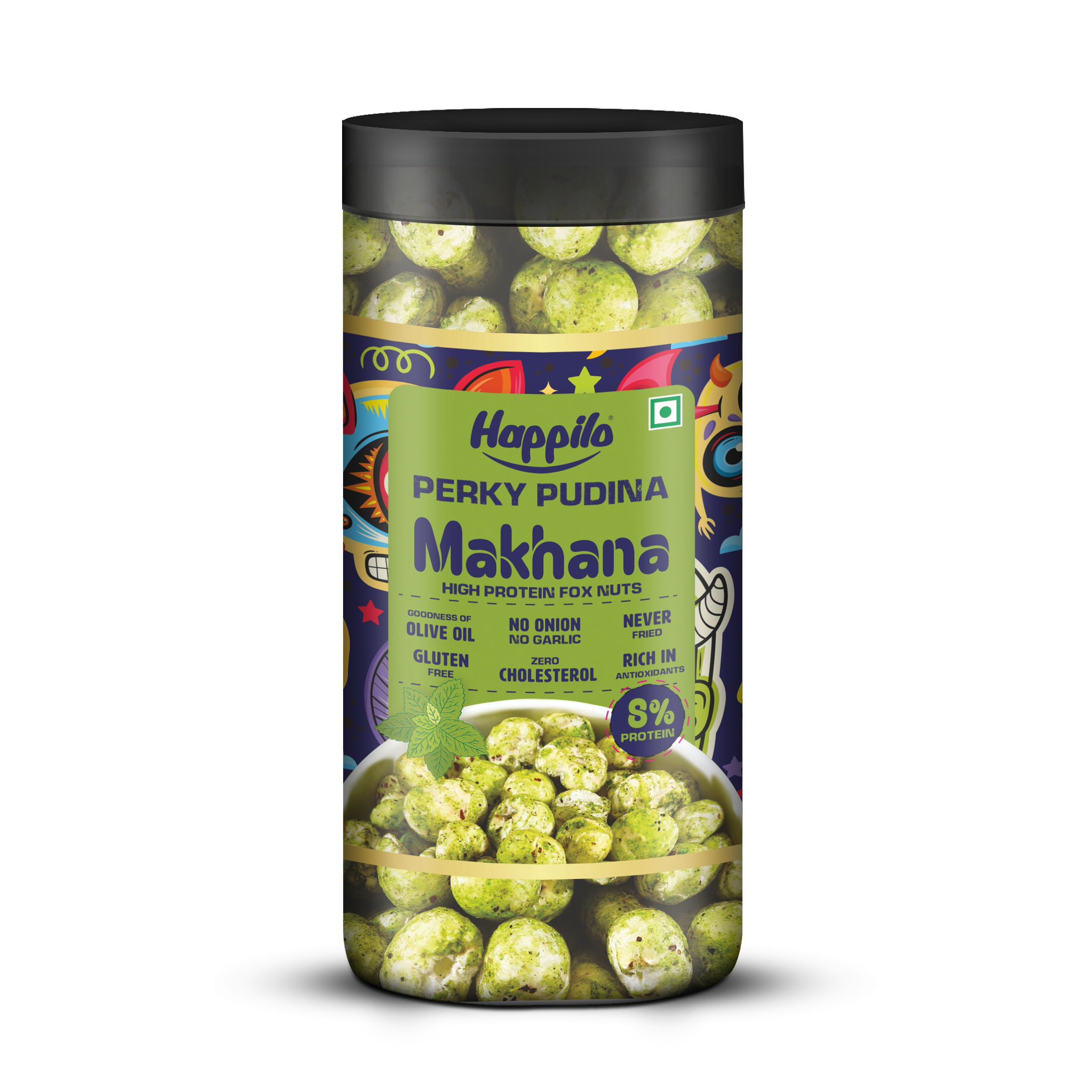 Happilo Makhana Perky Pudina Jar 80g, Roasted Foxnut Healthy Snack Low Calorie Gluten Free and Vegan
