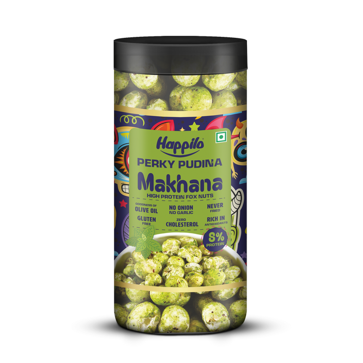 Happilo Makhana Perky Pudina Jar 80g, Roasted Foxnut Healthy Snack Low Calorie Gluten Free and Vegan