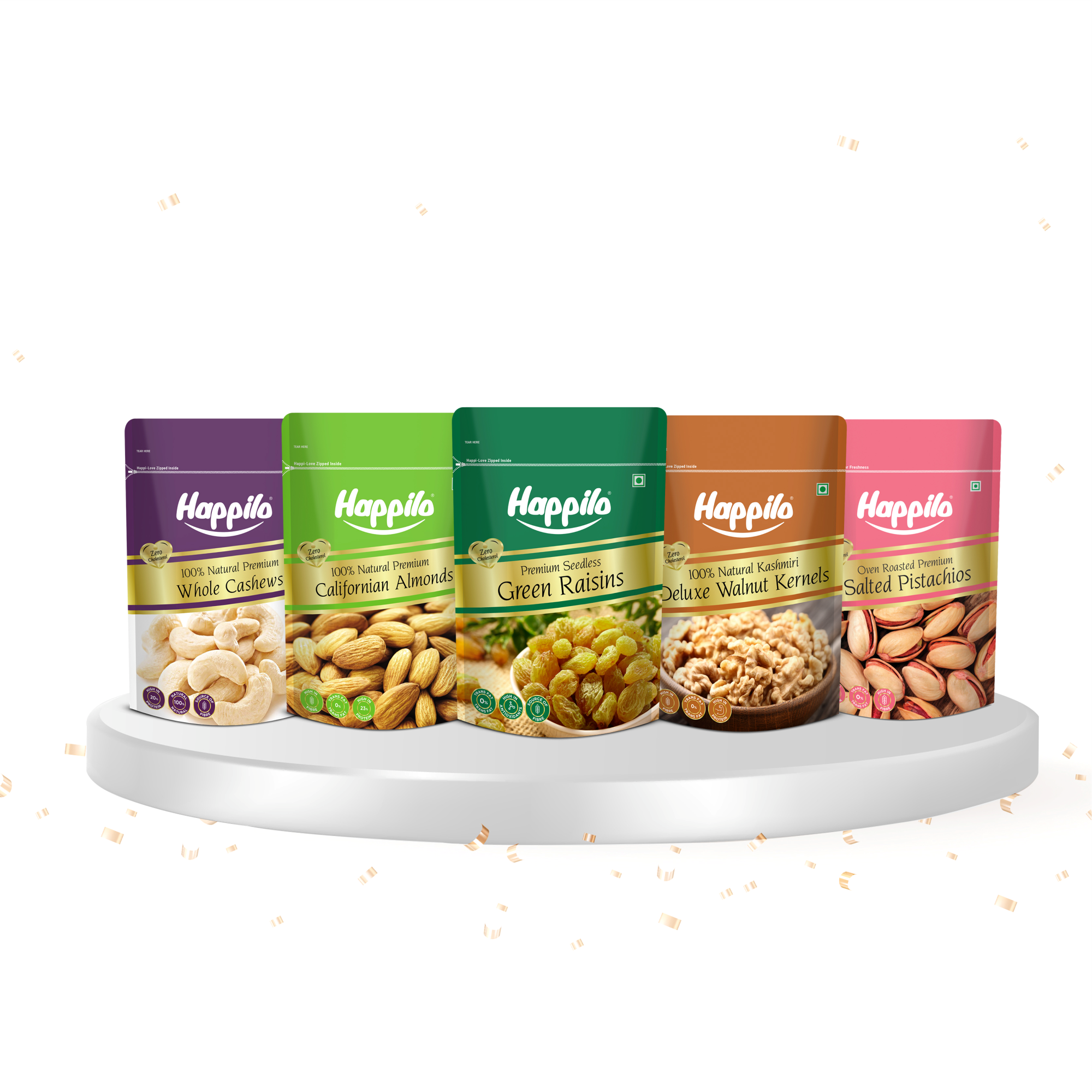 Premium Dry Fruits Combo 1050g (California Almonds 200g Whole Cashews 200g Green Raisins 250g Iranian Salted Pistachios 200g Deluxe Kashmiri Walnut Kernels 200g)