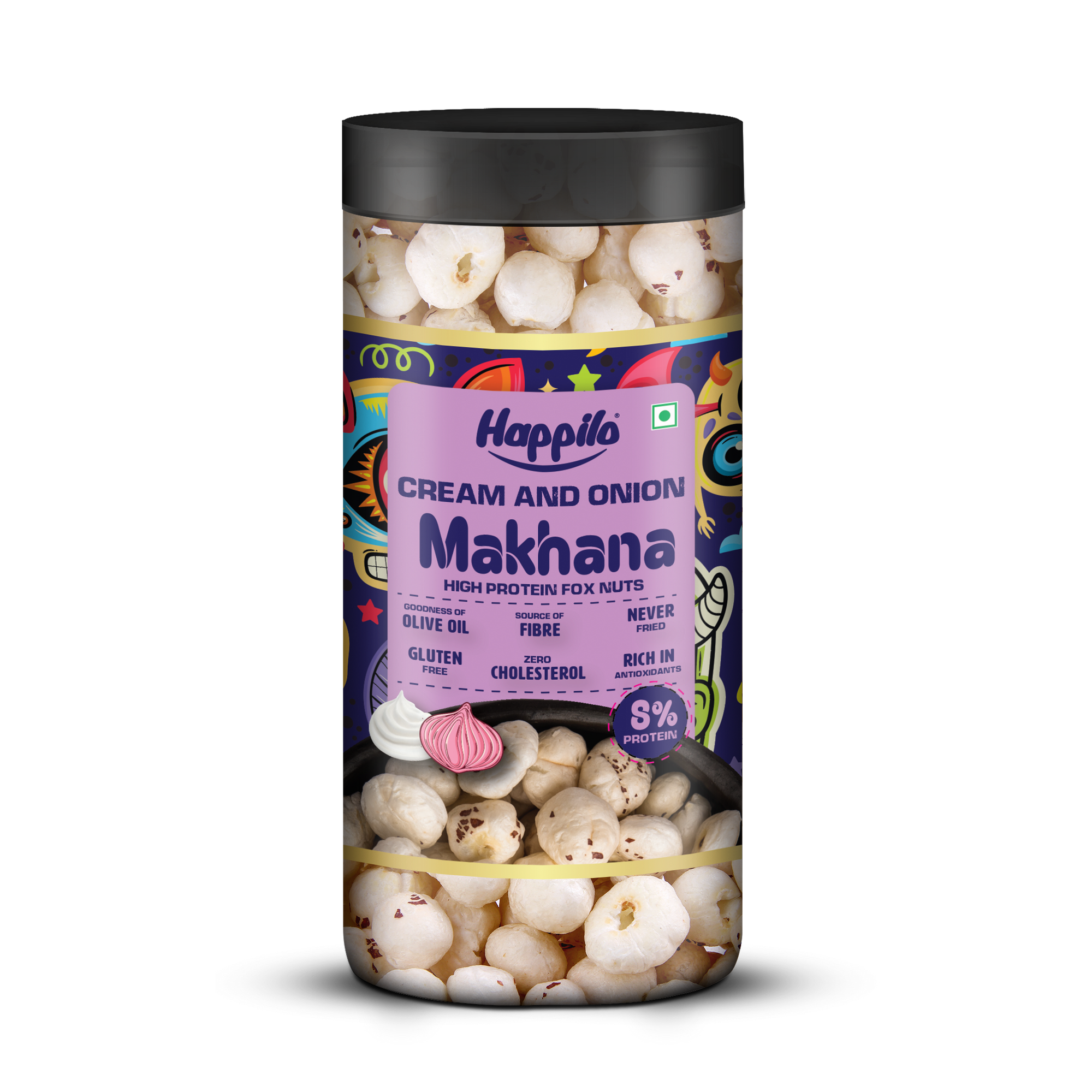 Happilo Makhana Cream & Onion Jar 80g, Roasted Foxnut Healthy Snack Low Calorie Gluten Free and Vegan