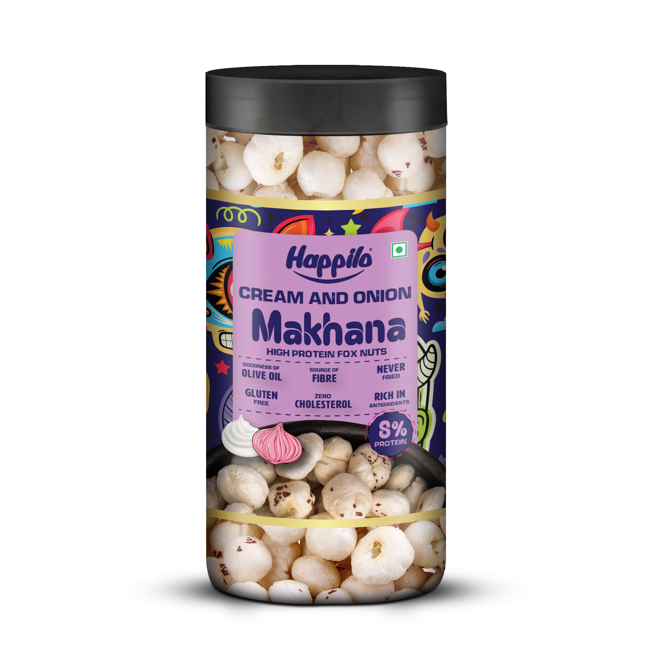Happilo Makhana Cream & Onion Jar 80g, Roasted Foxnut Healthy Snack Low Calorie Gluten Free and Vegan