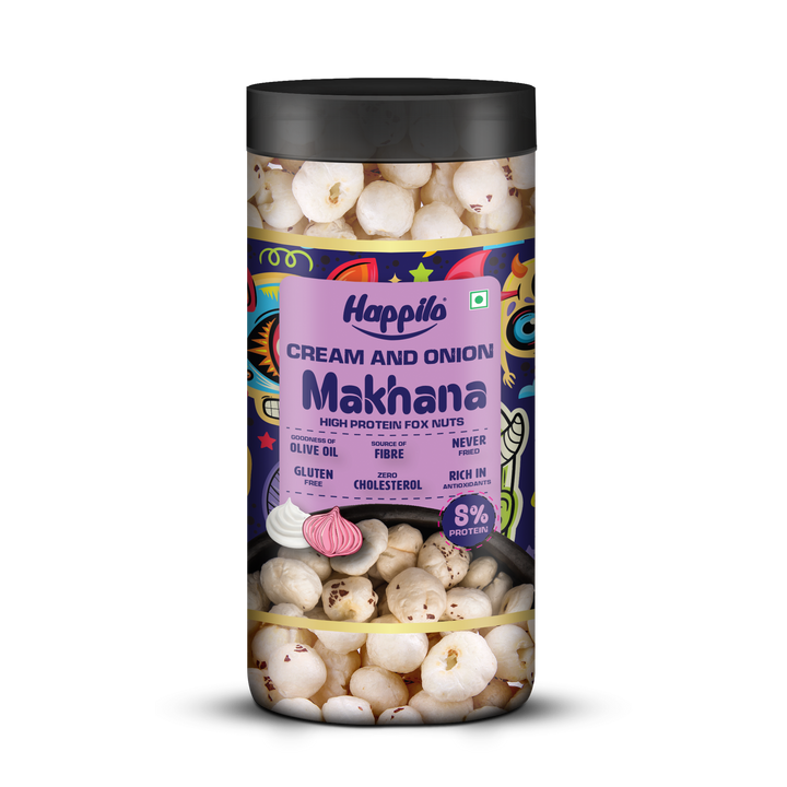 Happilo Makhana Cream & Onion Jar 80g, Roasted Foxnut Healthy Snack Low Calorie Gluten Free and Vegan