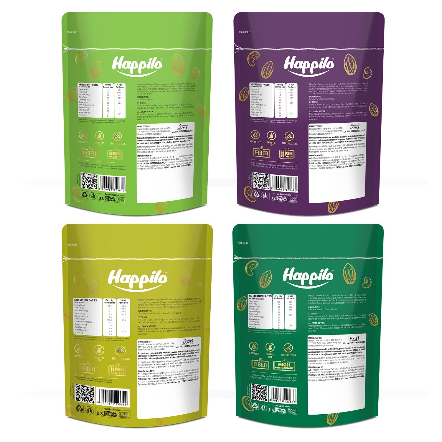 Happilo Premium Super Value Pack Combo 1800g (Almond 450g, Cashew 450g, Pista 450g & Raisins 450g)