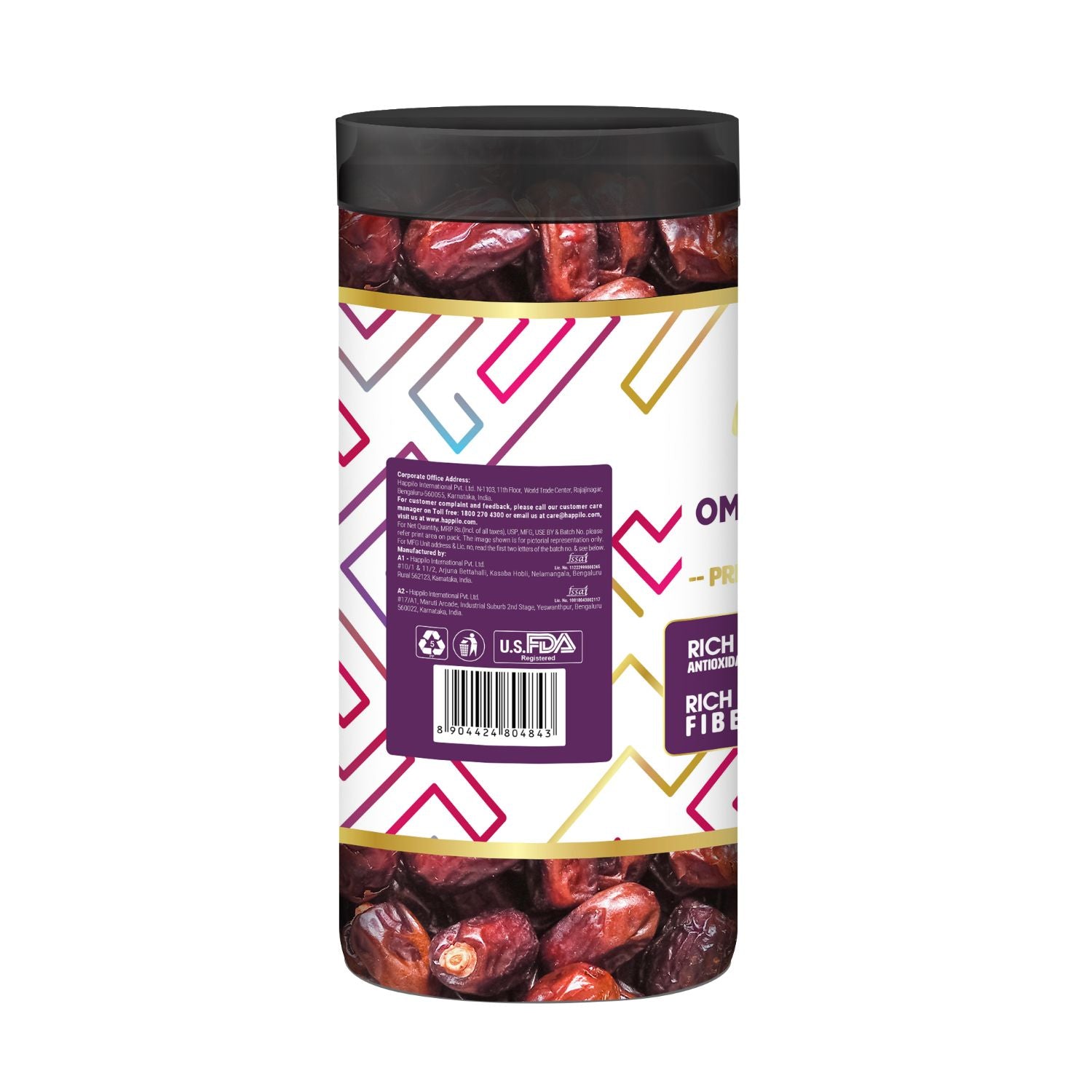Happilo Premium Omani Seedless Dates Jar 500g (Pack of 2), Khajoor/Khajur, Healthy & Nutritious Snack, Rich in Vitamins & Minerals, Natural Sweetener