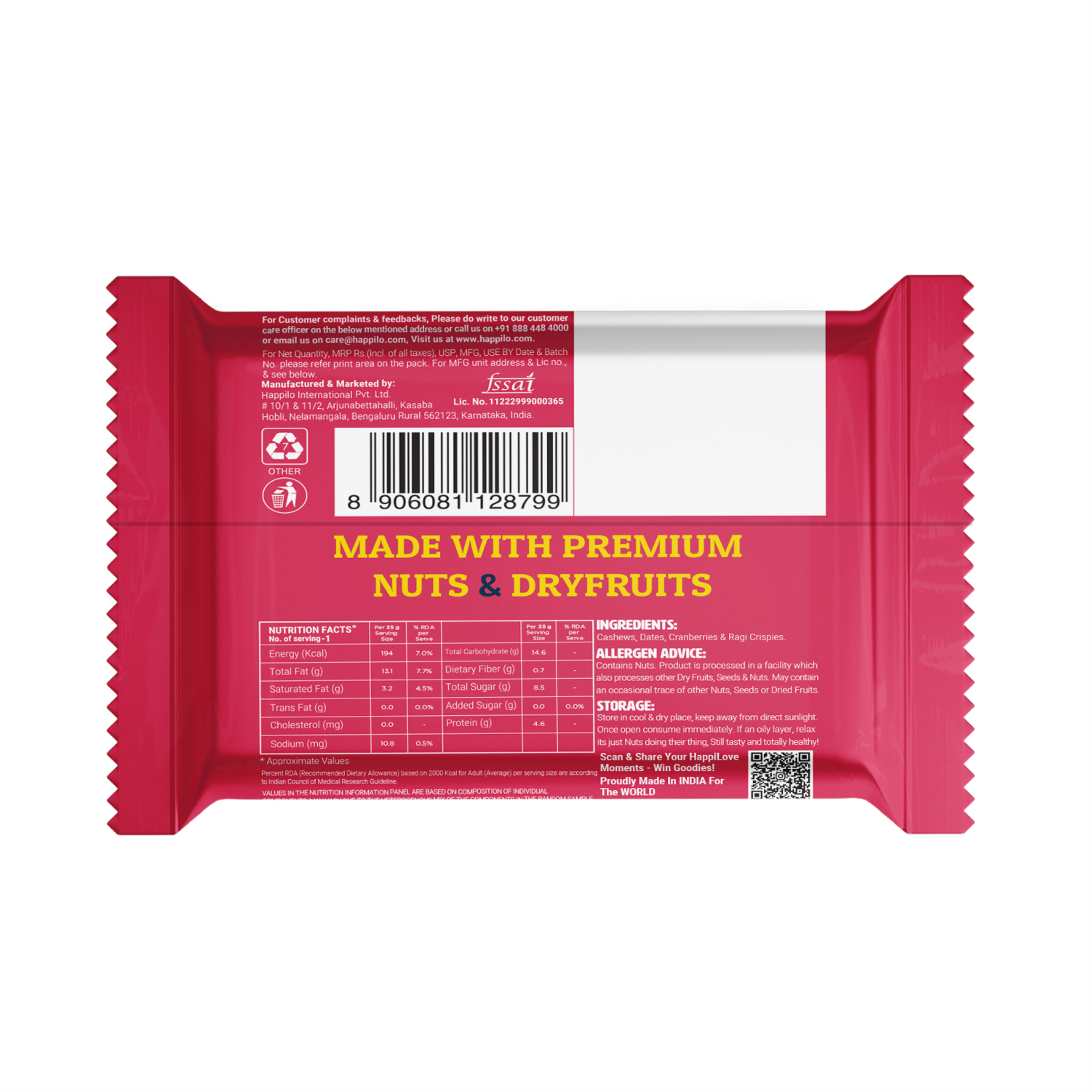 Happilo Cranberry Cashews Healthy Mini Dry Fruit Bar 15g