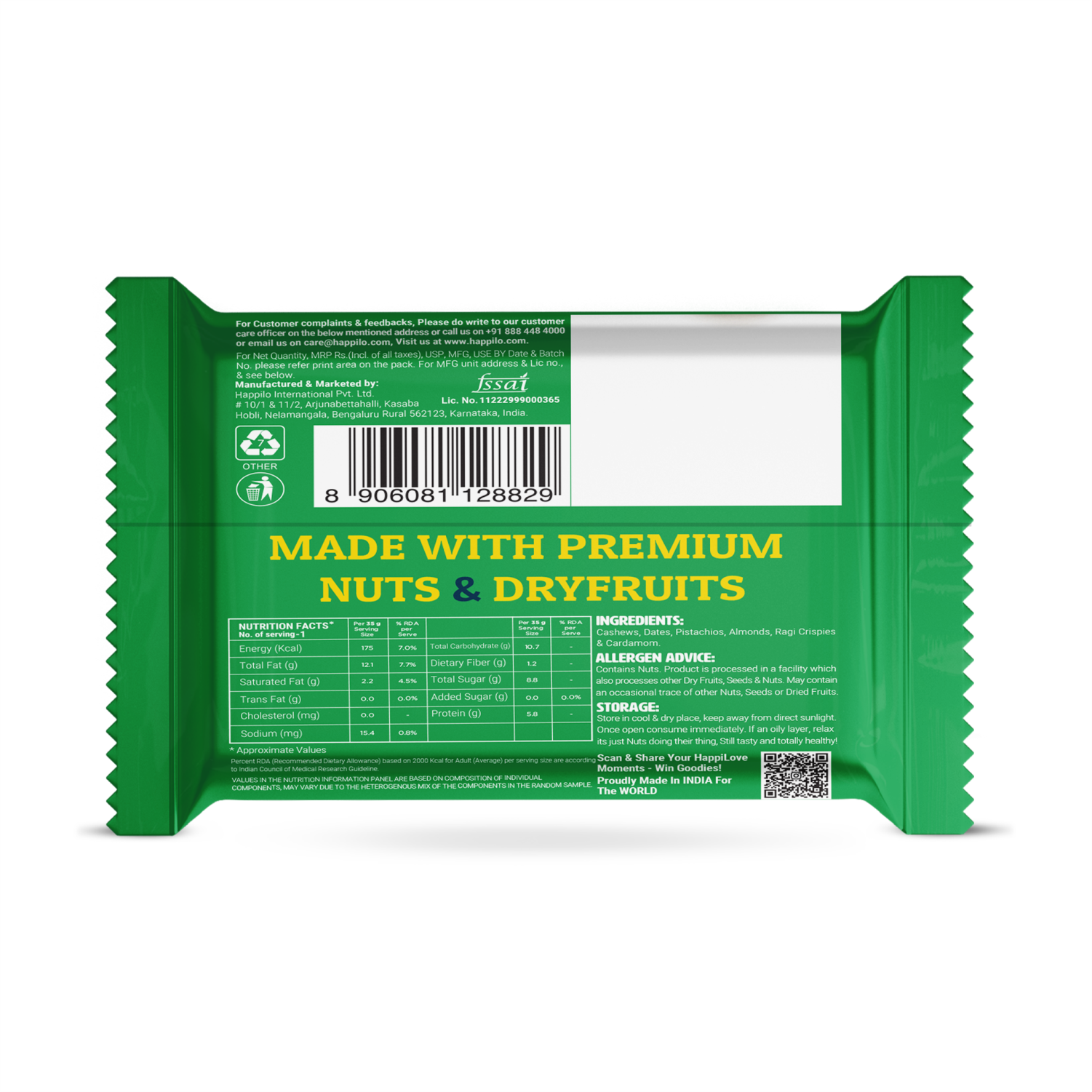 Happilo Premium Pistachios Healthy Mini Dry Fruit Bar 15g