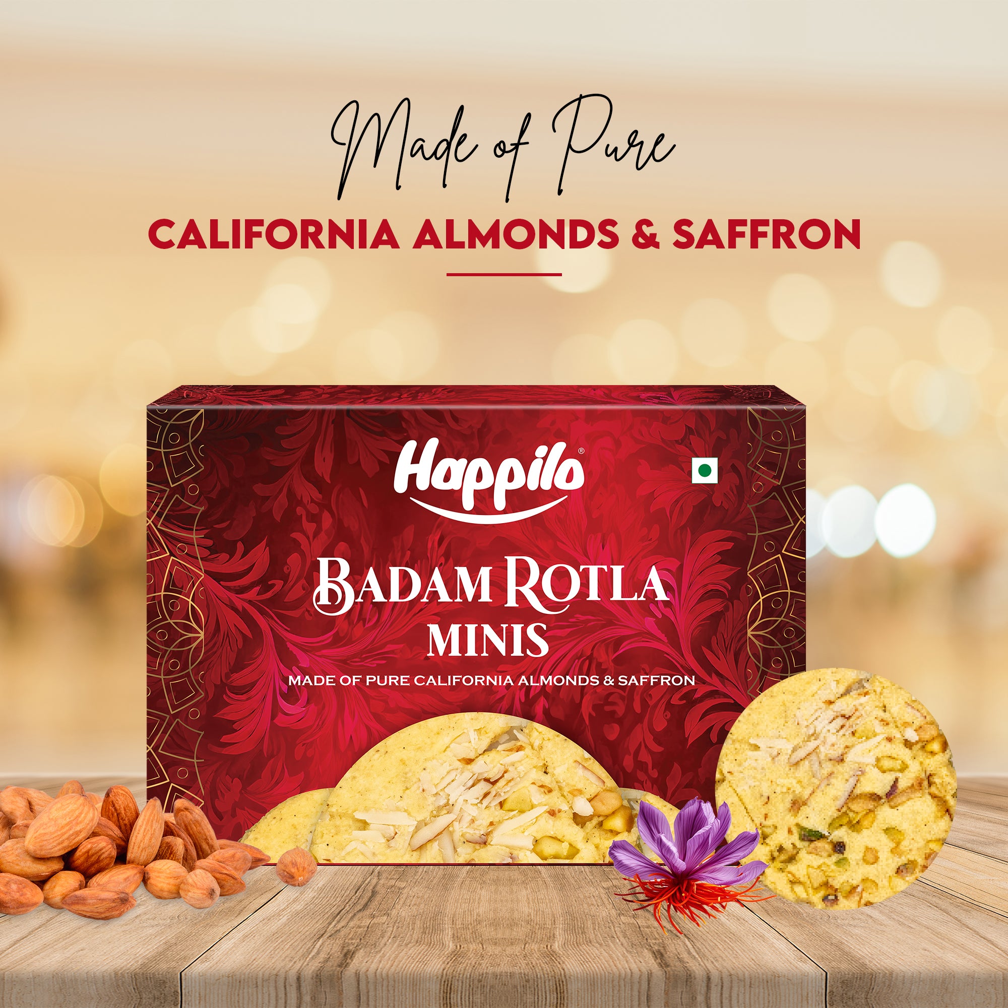 Happilo Badam Rotla Minis 200g, Made with California Almonds, California Pistachios, Ghee, Saffron, Rich in Protein and Fibers
