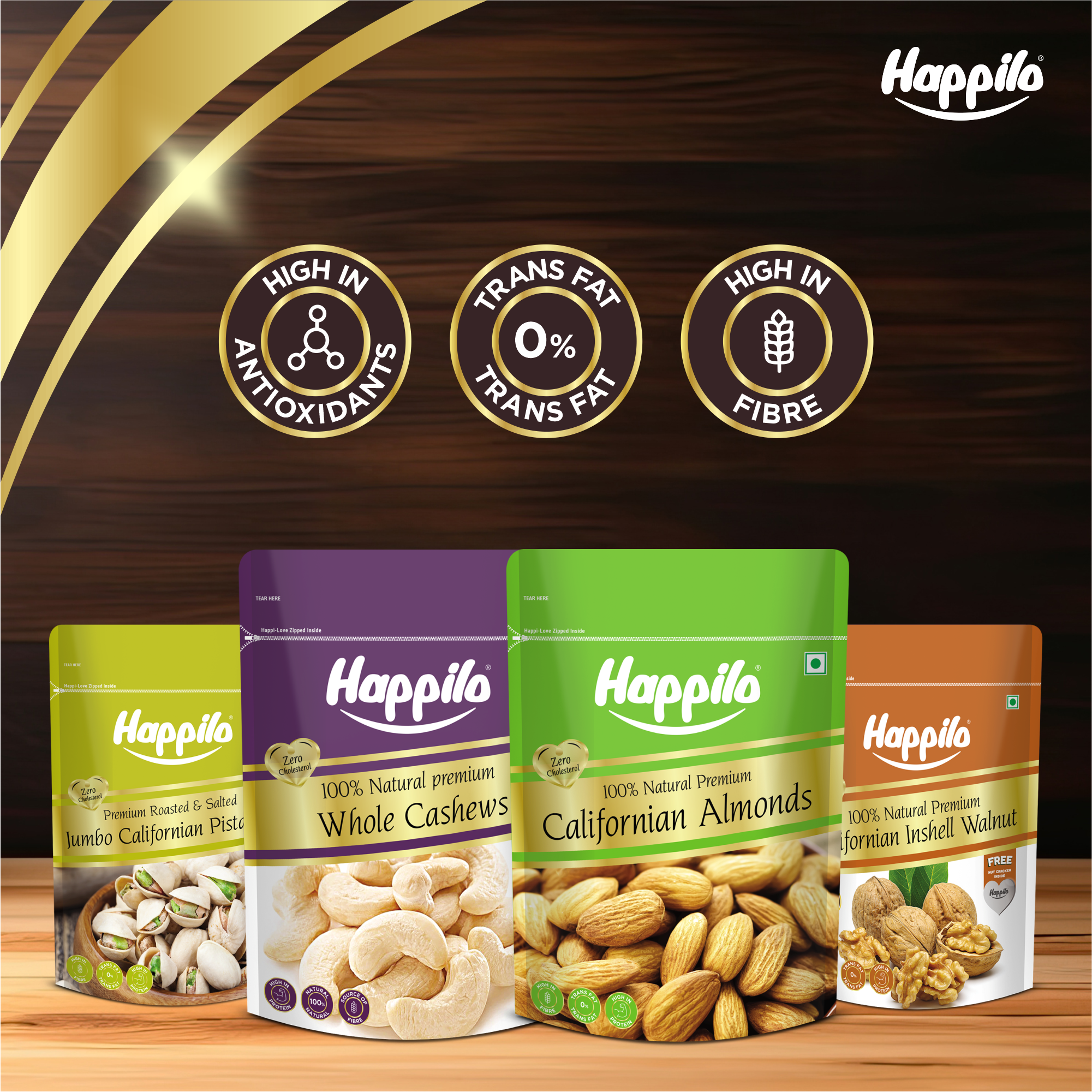 Happilo Premium Dry Fruit Combo 1400g (Almond 500g, Cashews 500g, Pistachios 200g & Inshell Walnuts 200g)