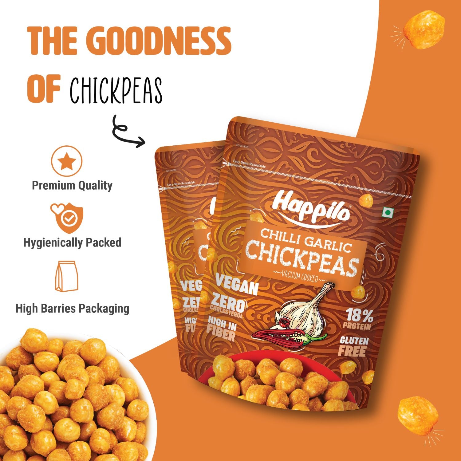 Happilo Premium Super Snack Chili Garlic Chickpeas (Pack Of 3) 110g each, Crunchy and Delicious, Super Healthy