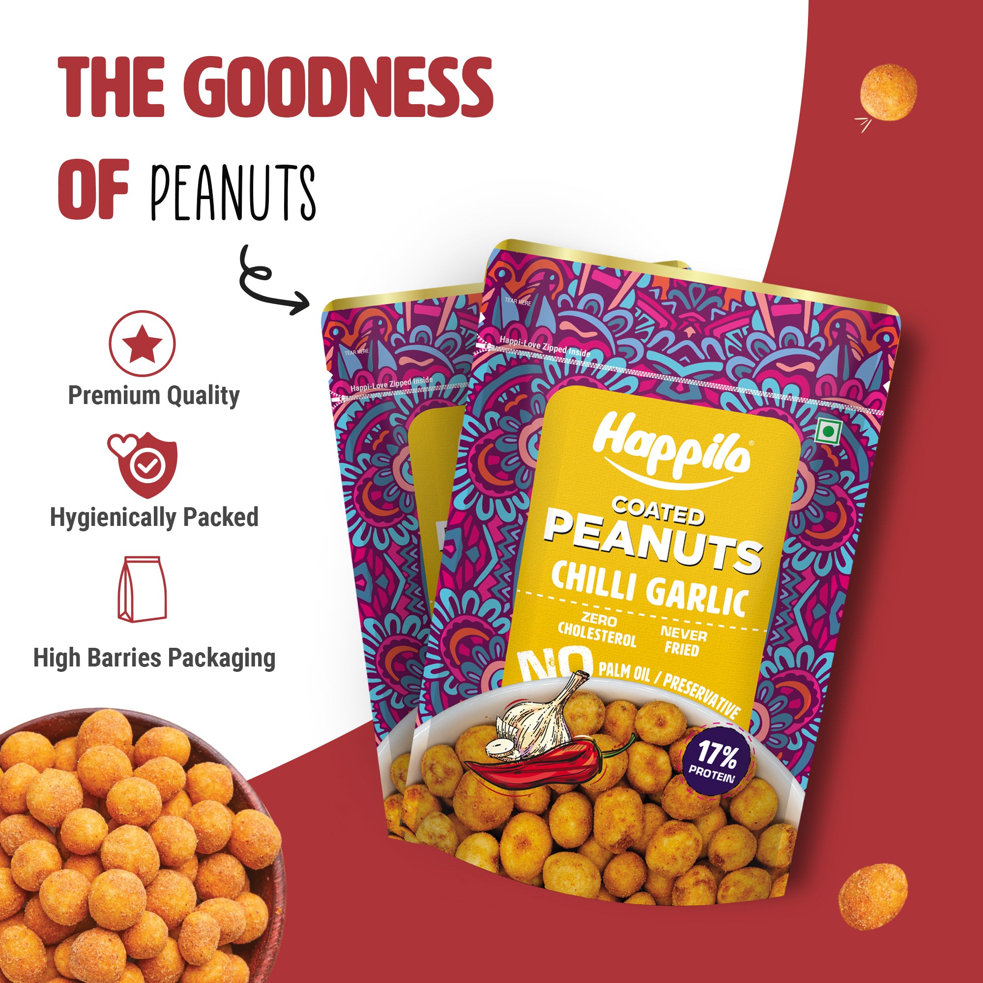 Happilo Premium Super Snack Chili Garlic Peanut 150g, Crunchy and Nutty, High in Protein and Dietary Fibre