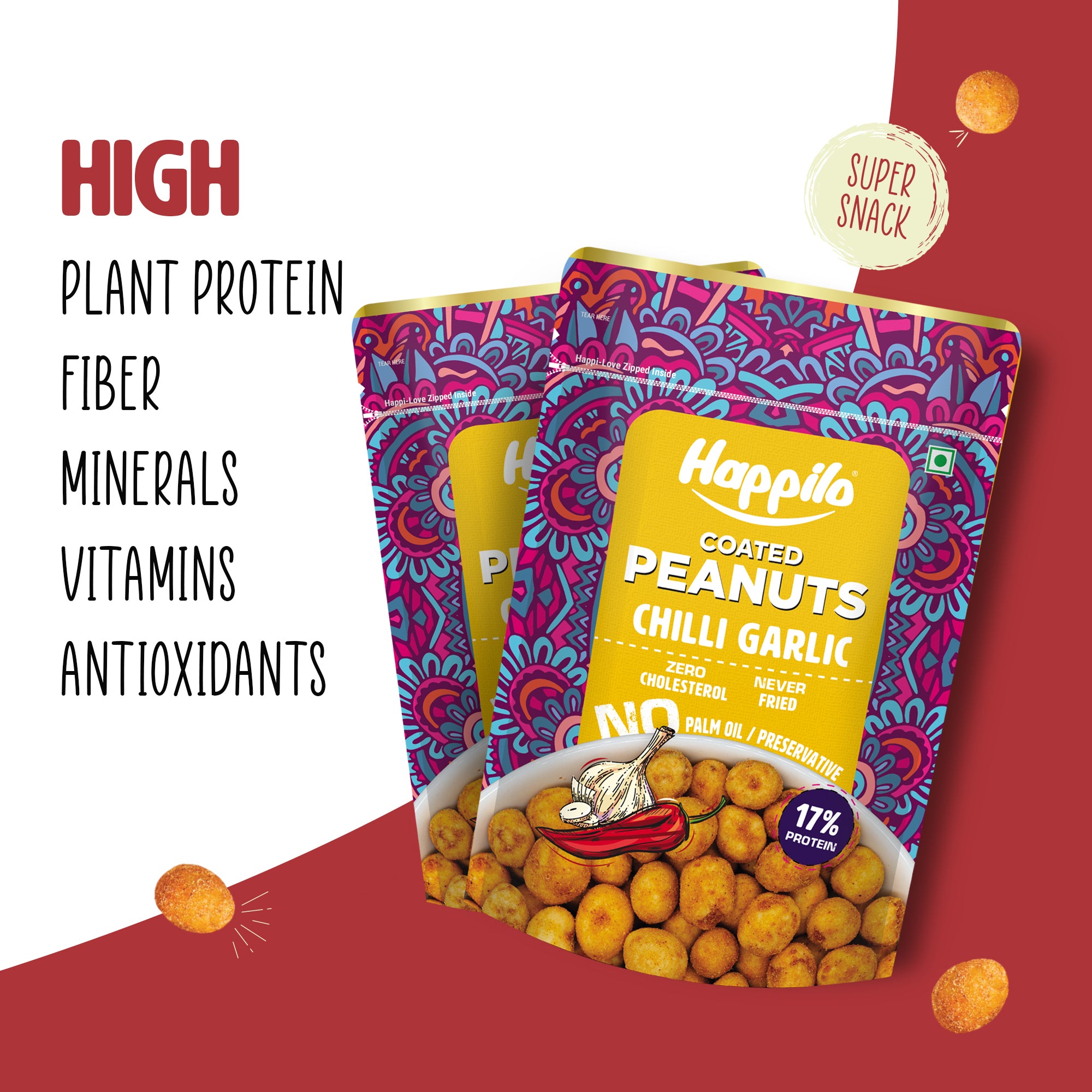 Happilo Premium Super Snack Chili Garlic Peanut 150g, Crunchy and Nutty, High in Protein and Dietary Fibre