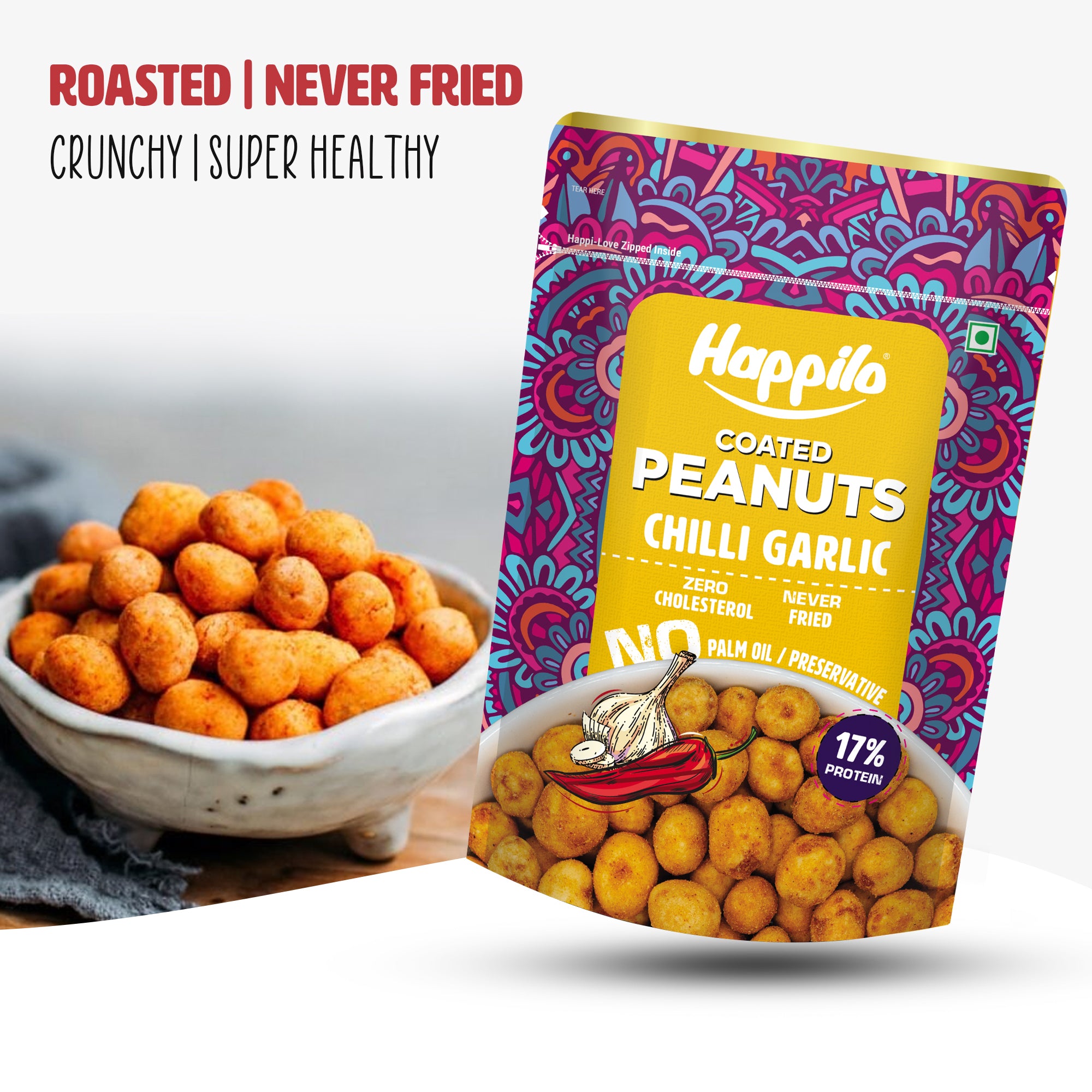 Happilo Premium Super Snack Chili Garlic Peanut 150g, Crunchy and Nutty, High in Protein and Dietary Fibre