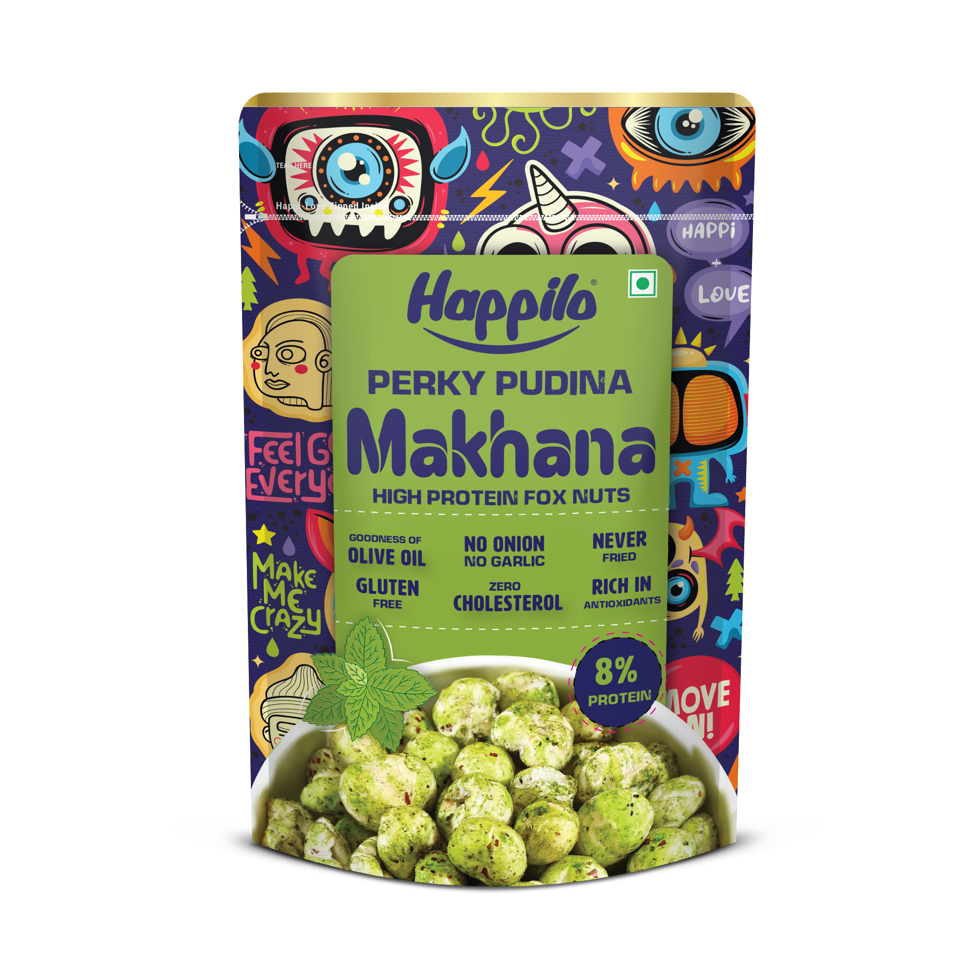 Happilo Premium Super Snack Makhana Perky Pudina 55g, Roasted Foxnut Healthy Snack Low Calorie Gluten Free and Vegan