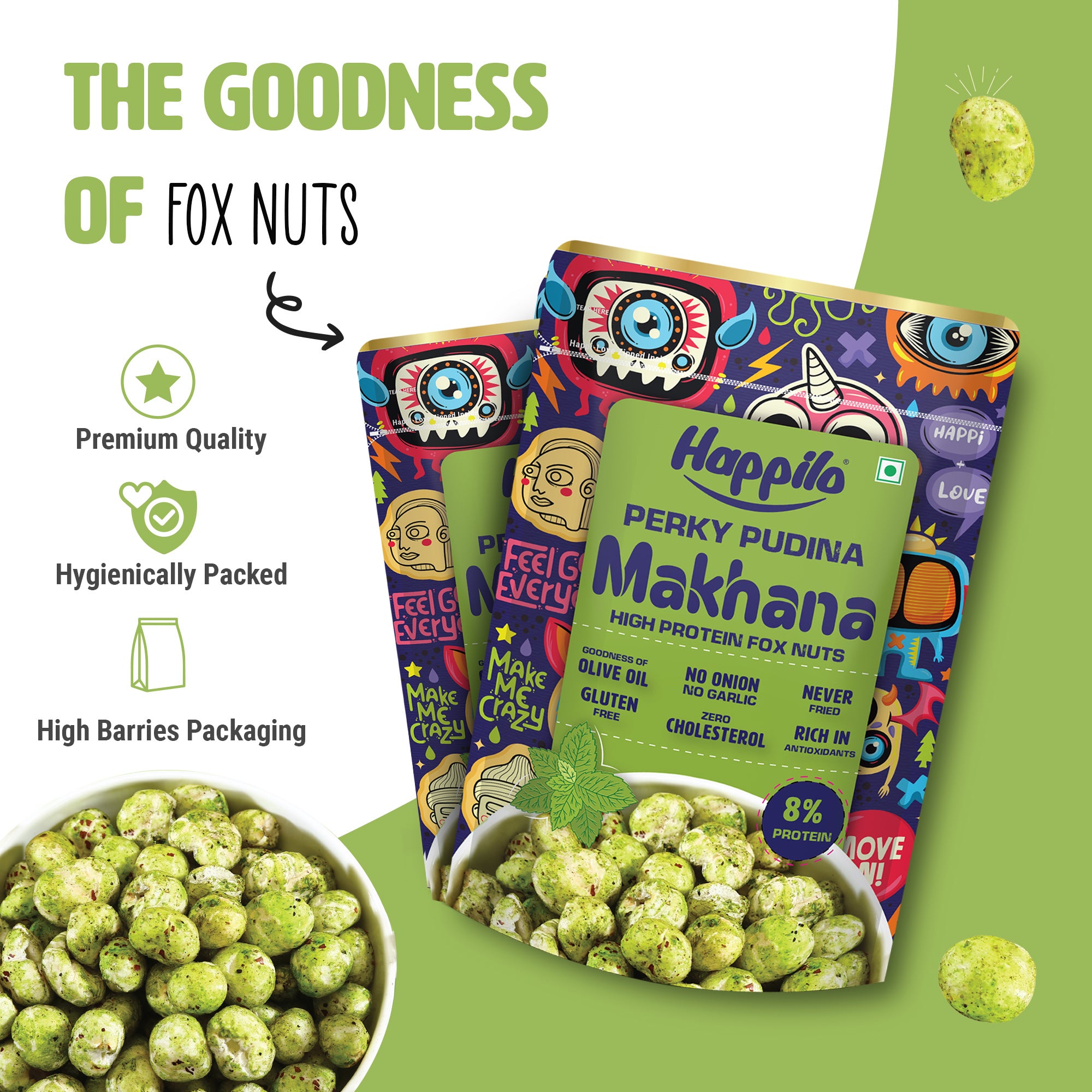Happilo Premium Super Snack Makhana Perky Pudina 55g, Roasted Foxnut Healthy Snack Low Calorie Gluten Free and Vegan