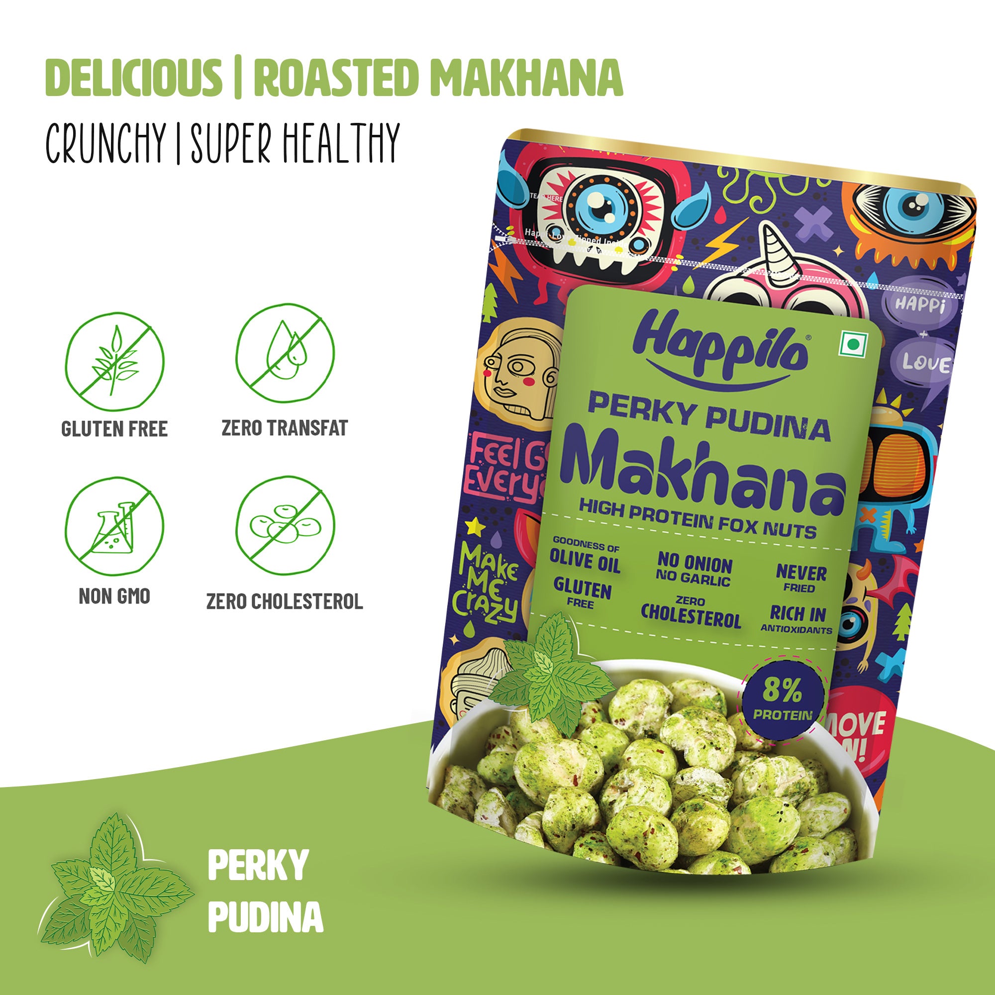 Happilo Premium Super Snack Makhana Perky Pudina 55g, Roasted Foxnut Healthy Snack Low Calorie Gluten Free and Vegan