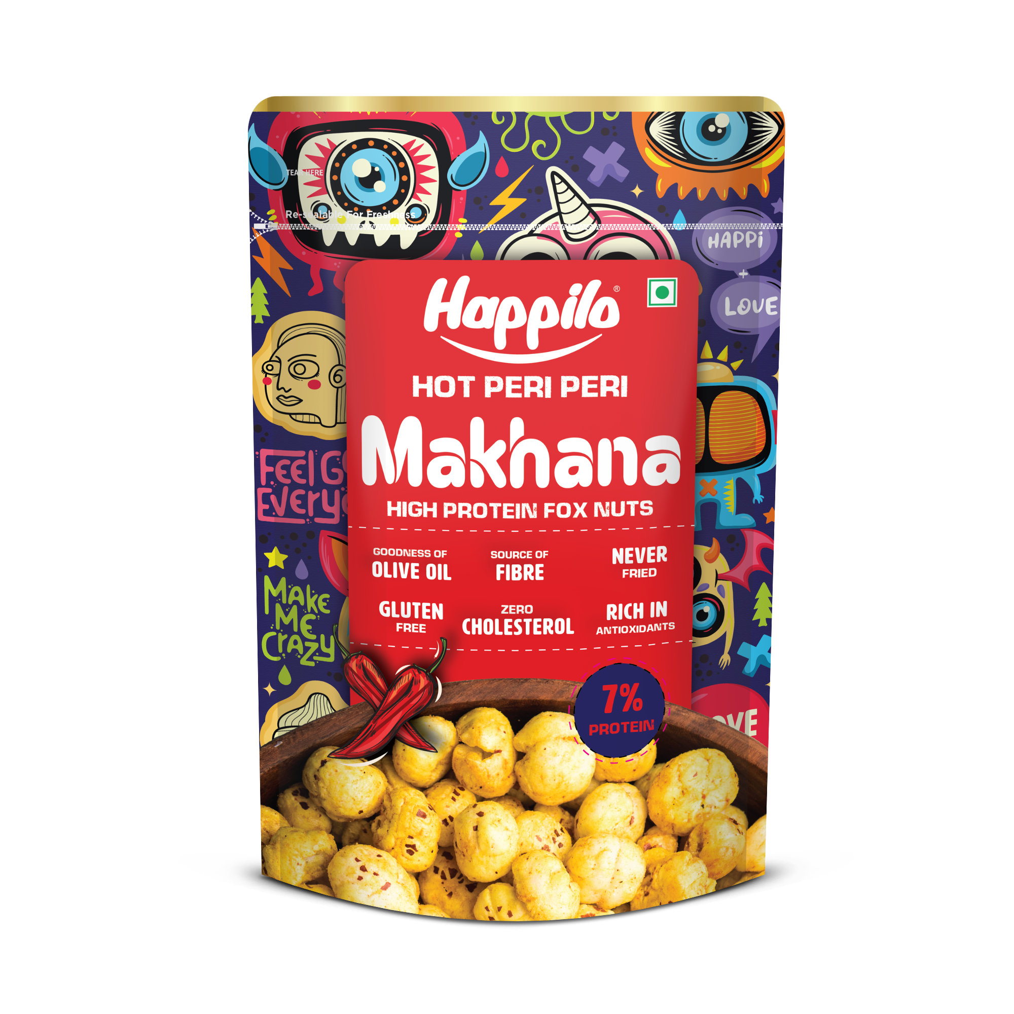 Happilo Premium Super Snack Makhana Peri Peri 55g, Roasted Foxnut Healthy Snack Low Calorie Gluten Free and Vegan