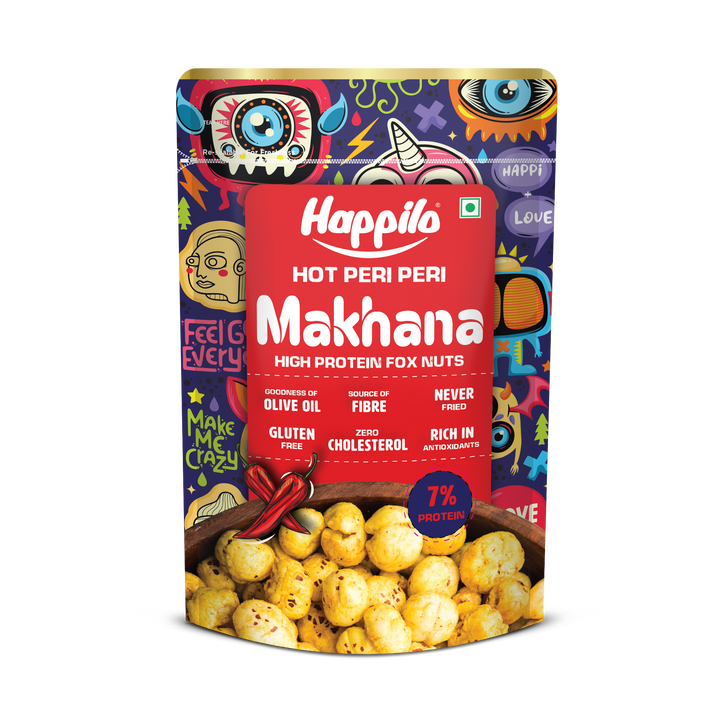 Happilo Premium Super Snack Makhana Peri Peri 55g, Roasted Foxnut Healthy Snack Low Calorie Gluten Free and Vegan