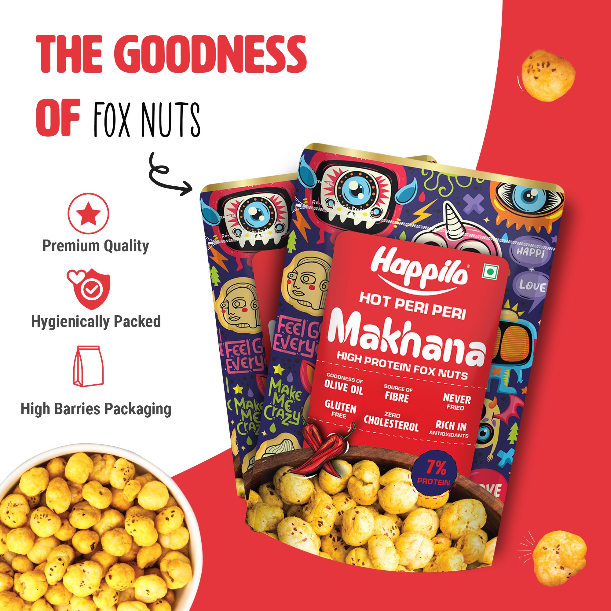 Happilo Premium Super Snack Makhana Peri Peri 55g, Roasted Foxnut Healthy Snack Low Calorie Gluten Free and Vegan