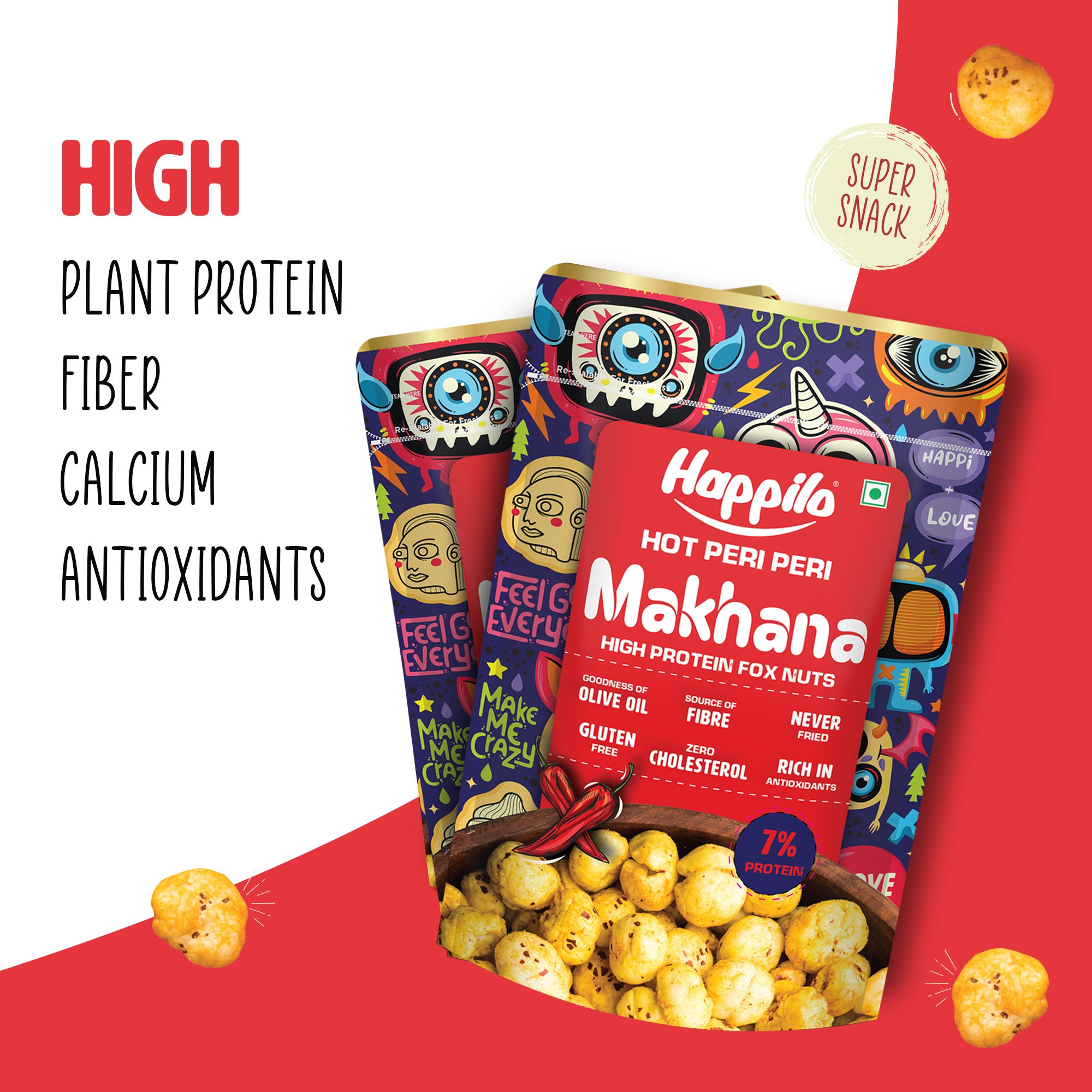 Happilo Premium Super Snack Makhana Peri Peri 55g, Roasted Foxnut Healthy Snack Low Calorie Gluten Free and Vegan