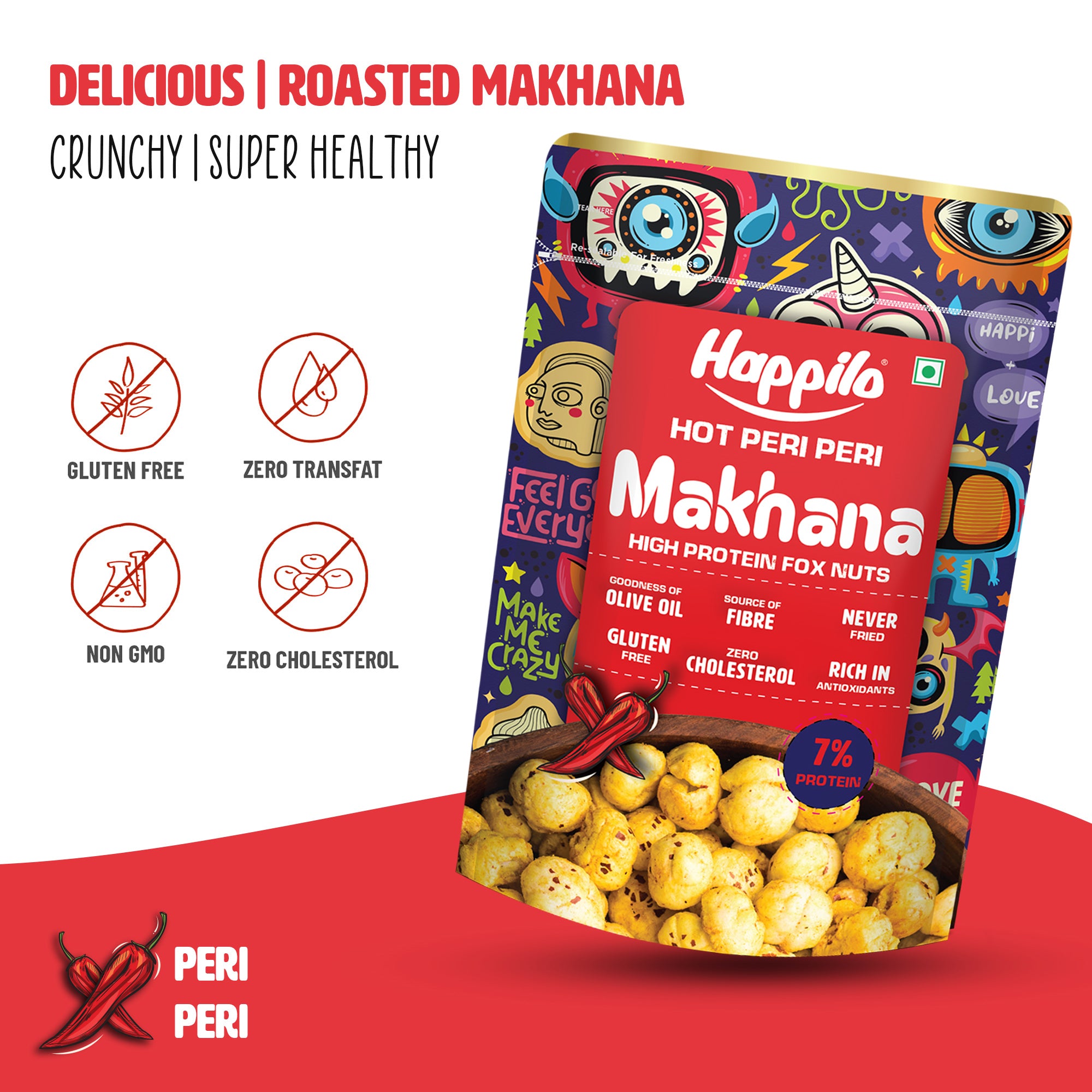 Happilo Premium Super Snack Makhana Peri Peri 55g, Roasted Foxnut Healthy Snack Low Calorie Gluten Free and Vegan