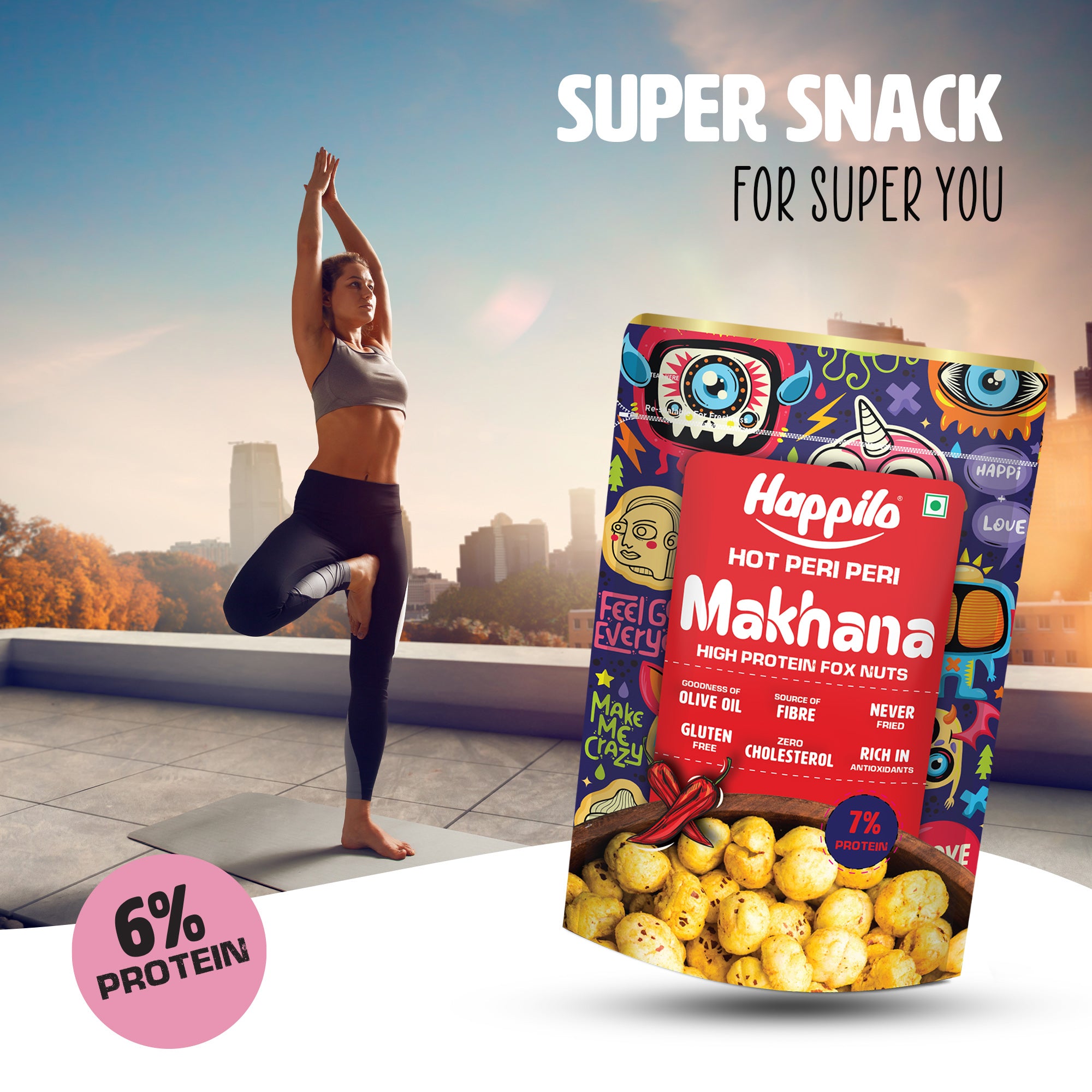 Happilo Premium Super Snack Makhana Peri Peri 55g, Roasted Foxnut Healthy Snack Low Calorie Gluten Free and Vegan