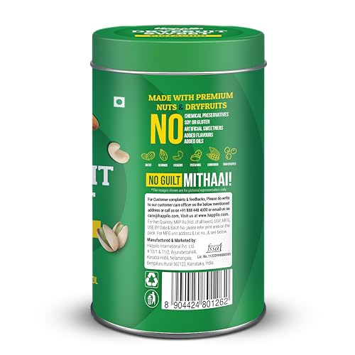 Happilo Premium Pistachios Healthy Dry Fruit Sweets Bar Tin 150g, Healthy Snack, High in Protein Nuts, No Added Sugar, Vegan, Tasty as a Desert, No preservatives, For Energy, Fitness & Immunity