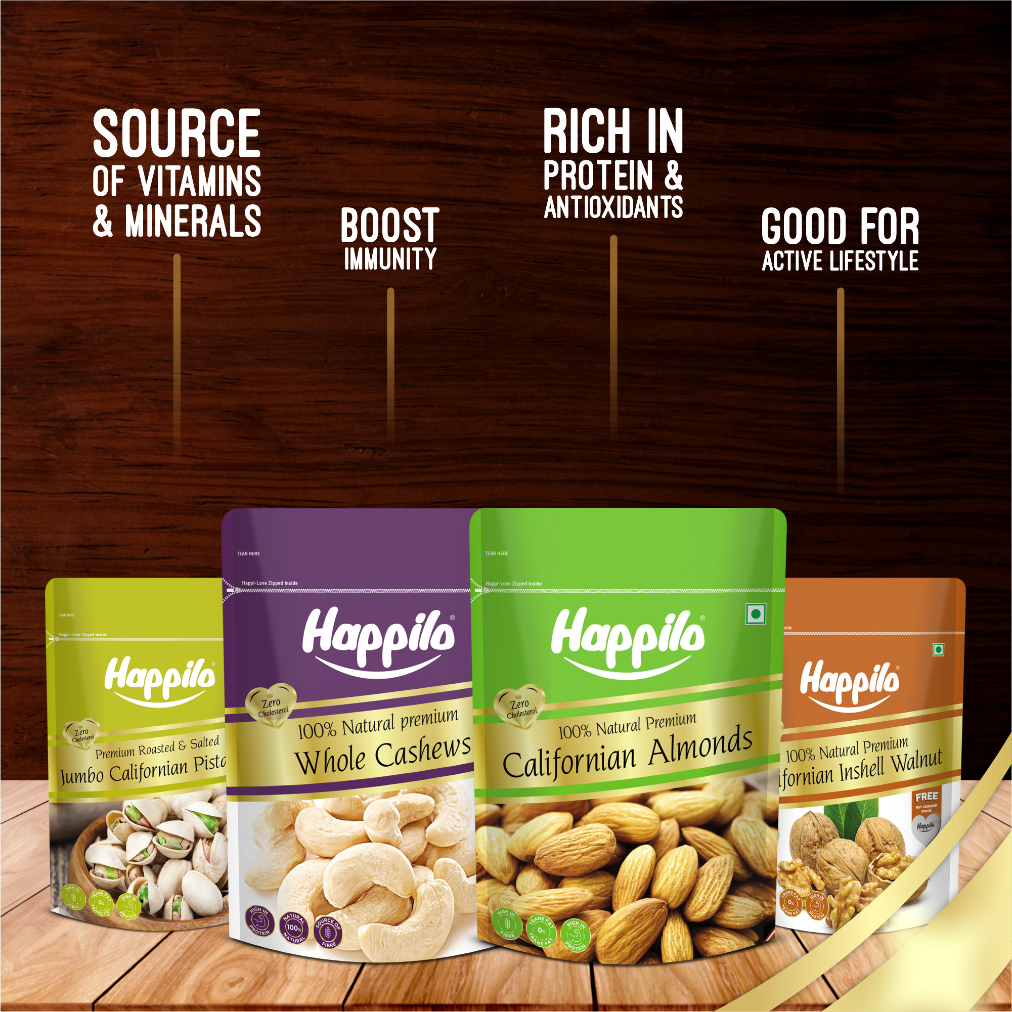 Happilo Premium Dry Fruit Combo 1400g (Almond 500g, Cashews 500g, Pistachios 200g & Inshell Walnuts 200g)