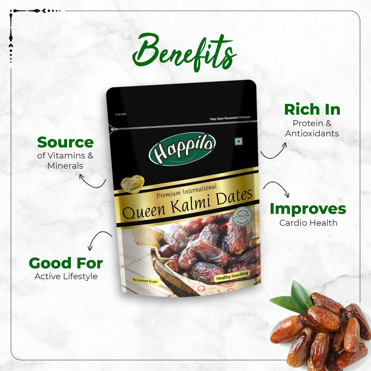 Happilo Premium International Queen Kalmi Dates 350g (Pack of 2), Fresh & Soft Khajur Dry Fruit with Natural Sweetness, Naturally Dried & free from any Preservative