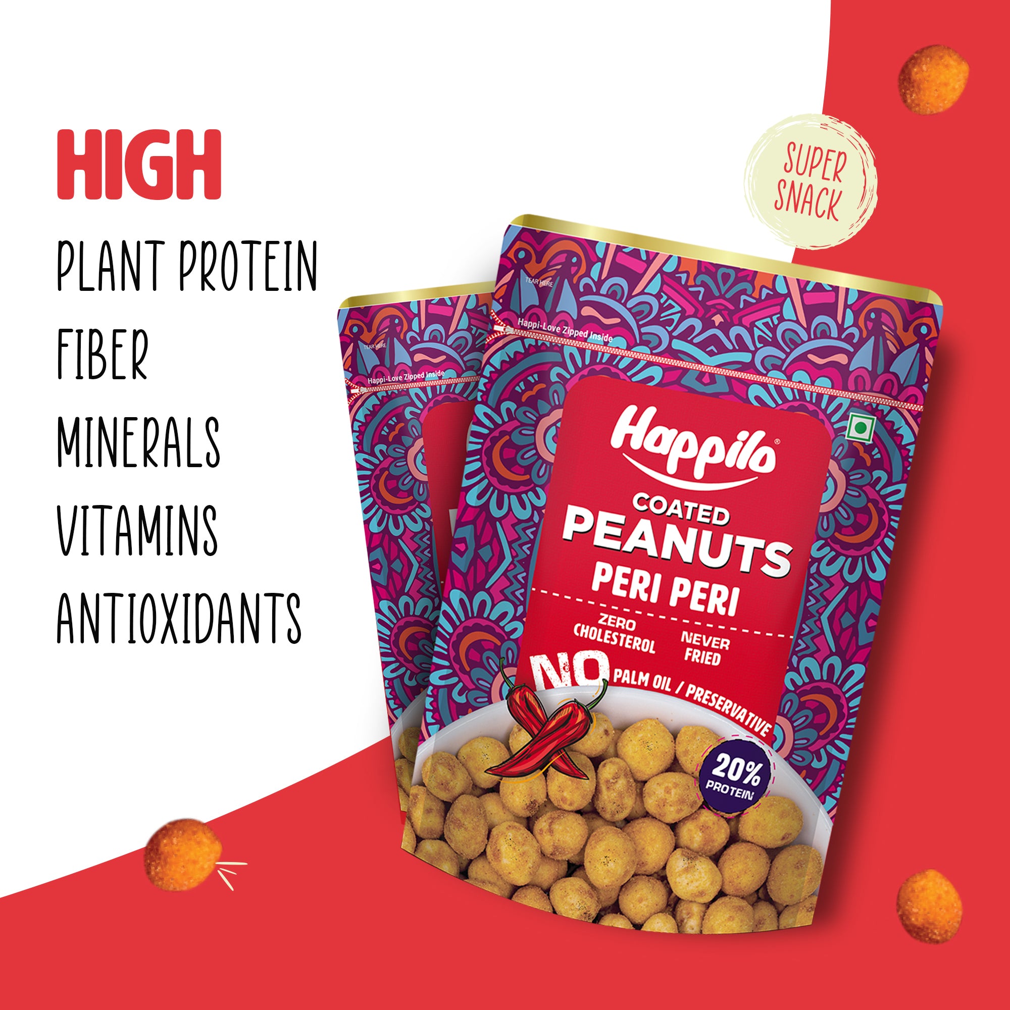 Happilo Premium Super Snack Peri Peri Peanut 150g, Crunchy and Nutty, High in Protein and Dietary Fibre