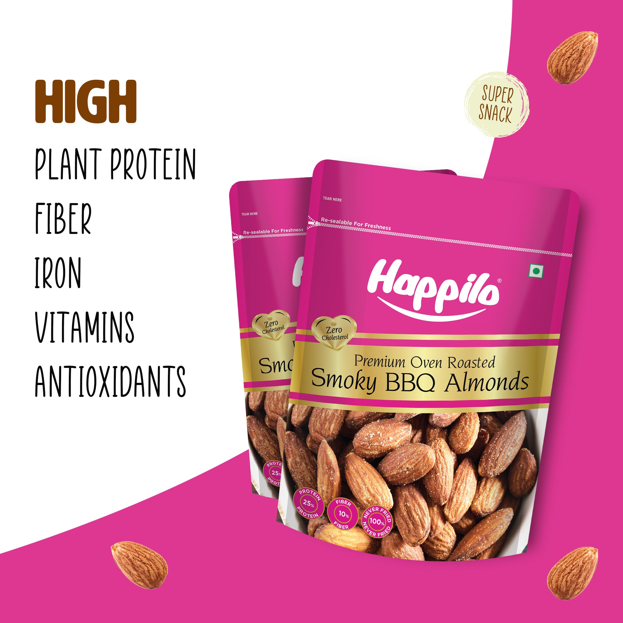 Happilo Barbeque Californian Almonds, Super Healthy Crunchy Nuts, Non Fried, High Protein Dry Fruit, 160g