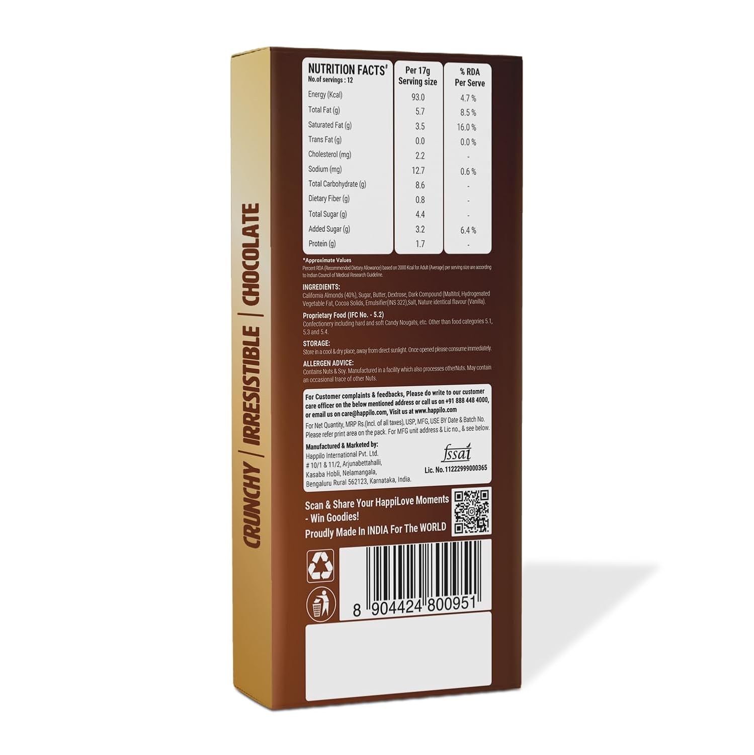 Happilo Premium Almond Chocolate Krunch Gift Pack 51g (Pack of 3, 17g), Protein 10%, Almonds 40%, Almond Bar Chikki, No Preservatives, Gluten Free