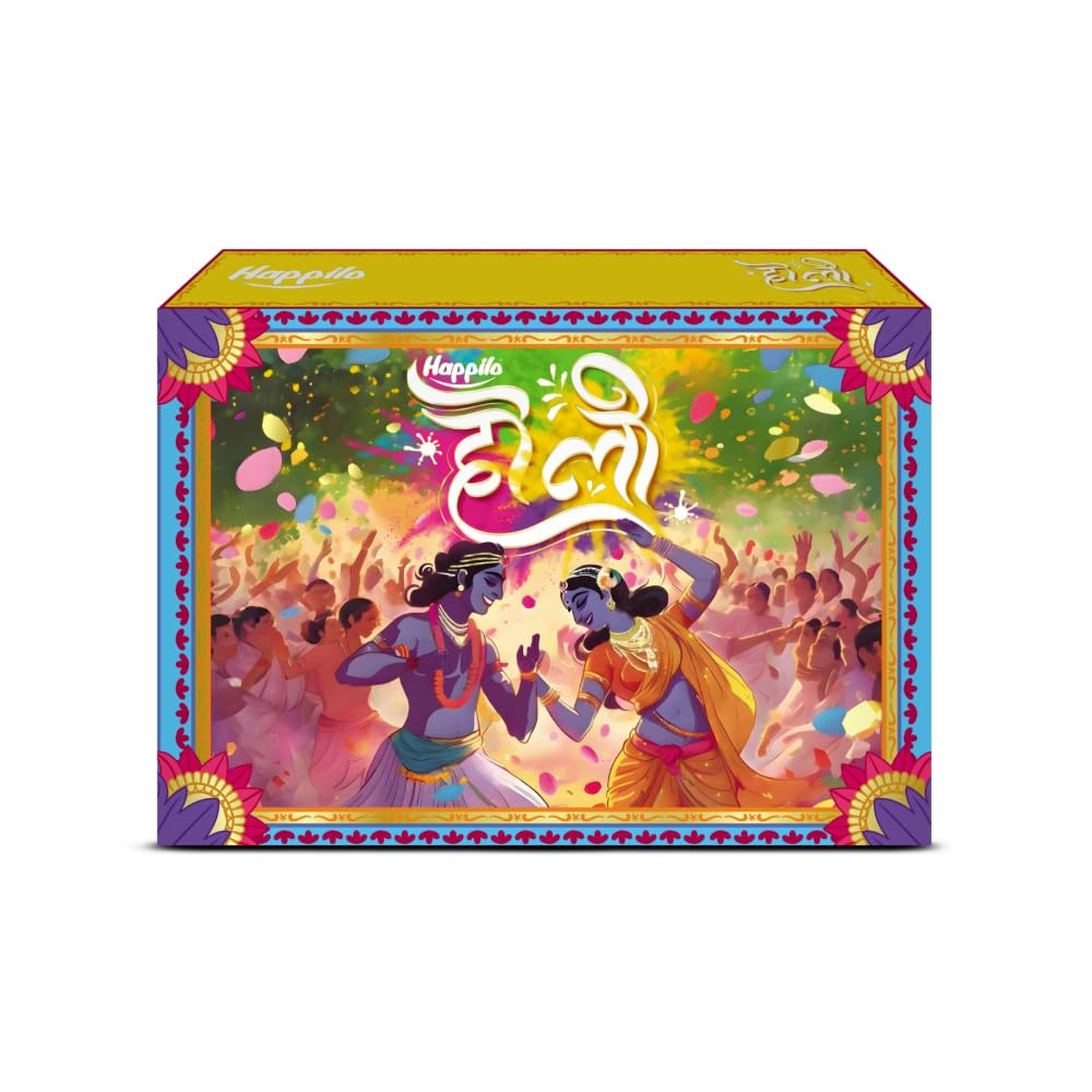 Happilo Leela Holi Gift Box 258g, Holi Greeting Card, Thandi Mix, Organic Colour, Almonds, Cashews, Pistachios, Party Snack, Chocolate Energy Bar, Date Bites and Playing Cards