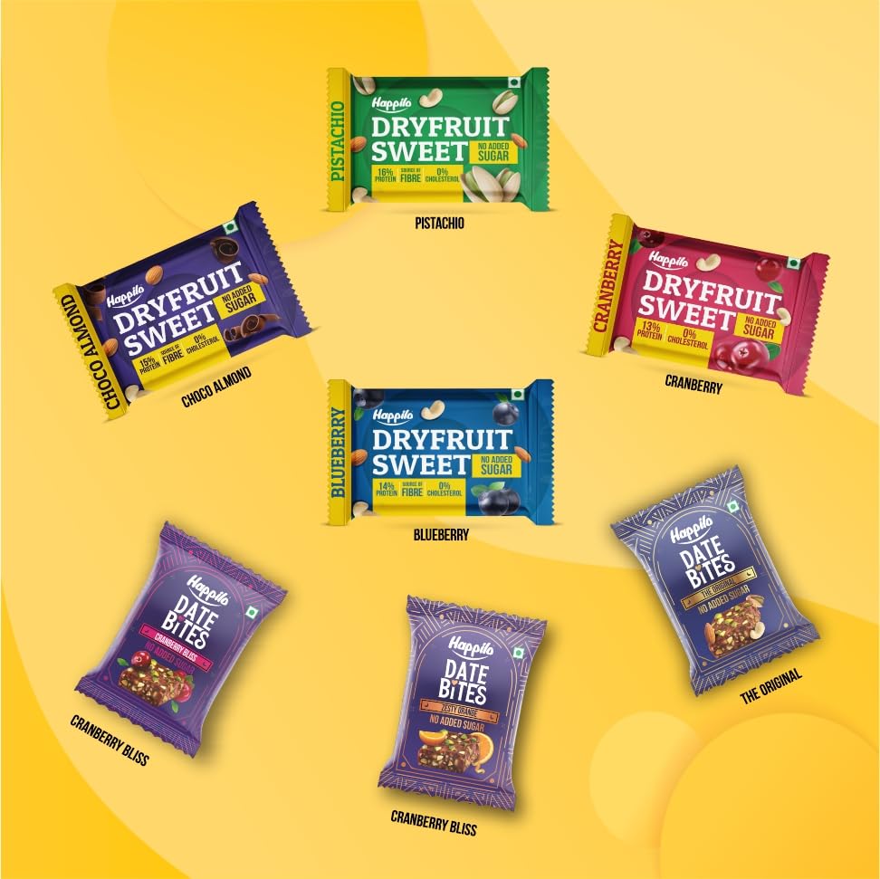 Happilo Celebration Dry Fruit Sweet Gift Pack 120g, (Cranberry Cashews, Pistachios, Choco Almonds & Blueberries), Dates Bites (Orignal, Cranberry and Zesty Orange)