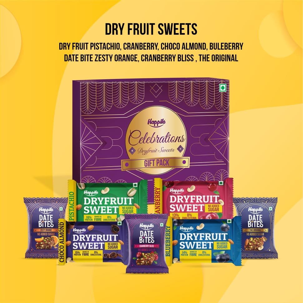 Happilo Celebration Dry Fruit Sweet Gift Pack 120g, (Cranberry Cashews, Pistachios, Choco Almonds & Blueberries), Dates Bites (Orignal, Cranberry and Zesty Orange)