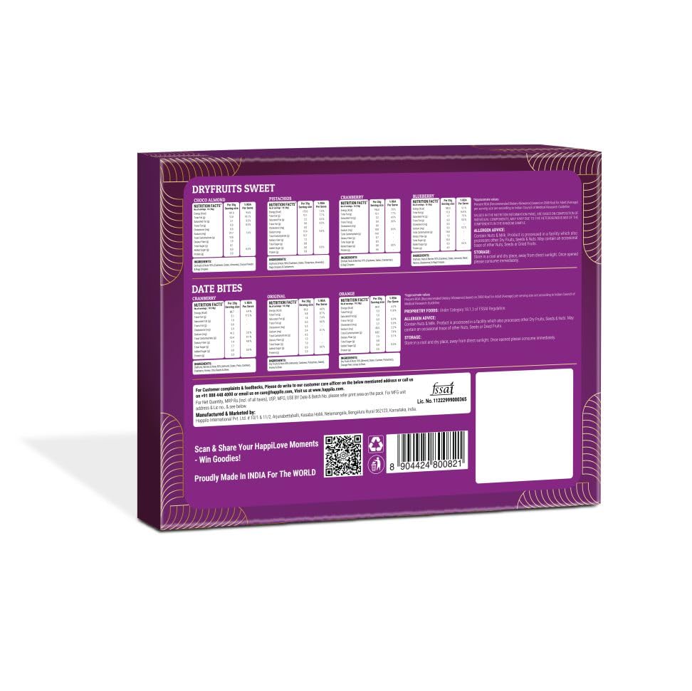 Happilo Celebration Dry Fruit Sweet Gift Pack 120g, (Cranberry Cashews, Pistachios, Choco Almonds & Blueberries), Dates Bites (Orignal, Cranberry and Zesty Orange)