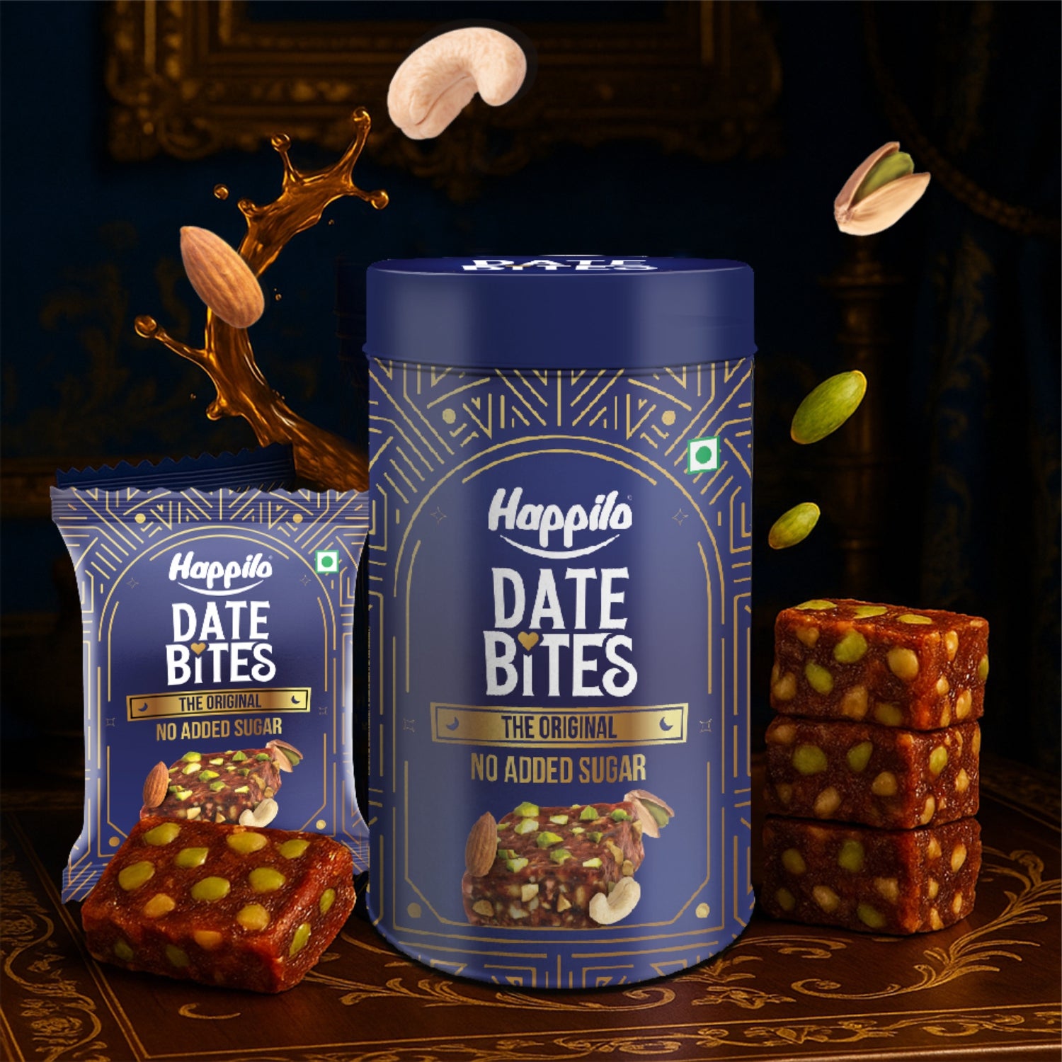 Happilo Celebration Date Bites, Nut Bites, Healthy Snacks, Premium Dry Fruit like Dates, Cashews, California Almonds, Pistcahios, Honey, Ghee,