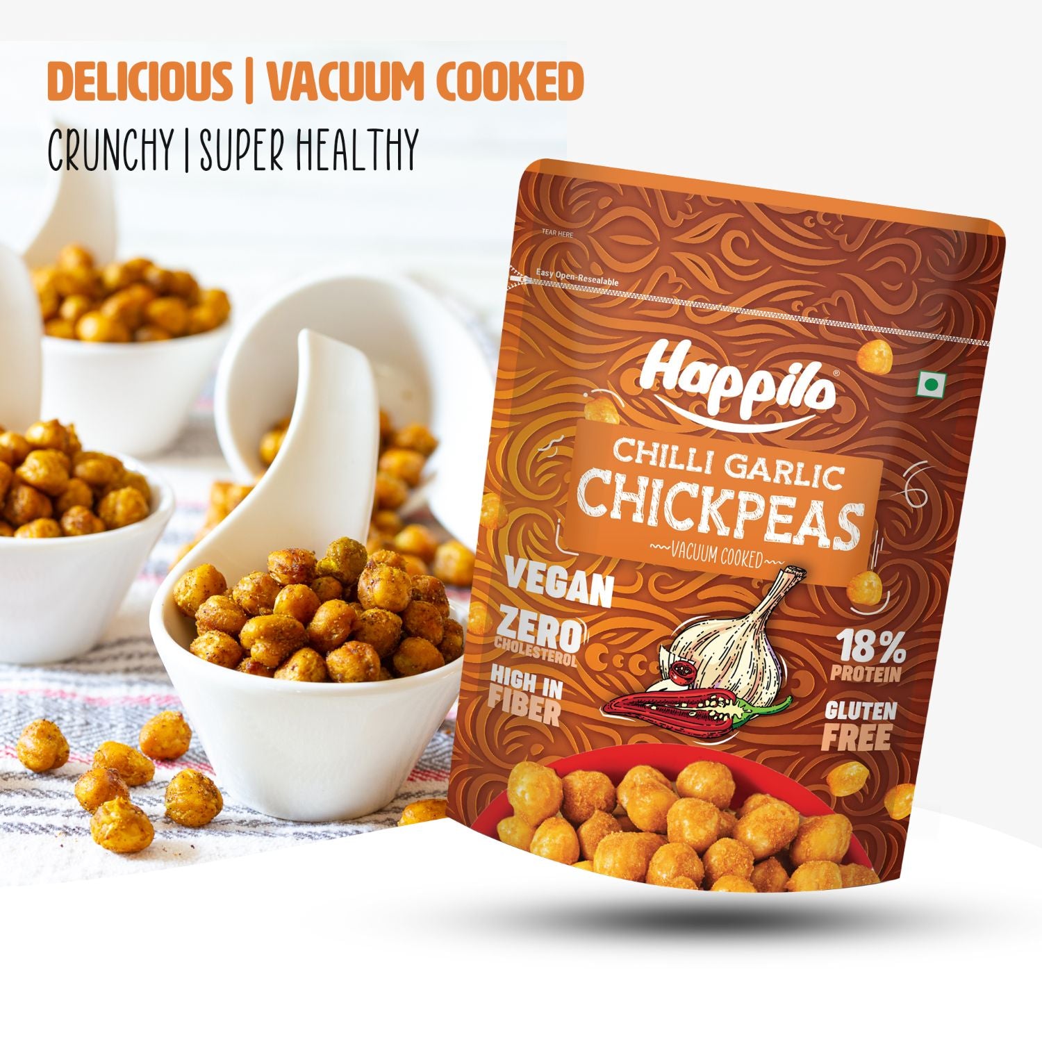 Happilo Premium Super Snack Chili Garlic Chickpeas (Pack Of 3) 110g each, Crunchy and Delicious, Super Healthy
