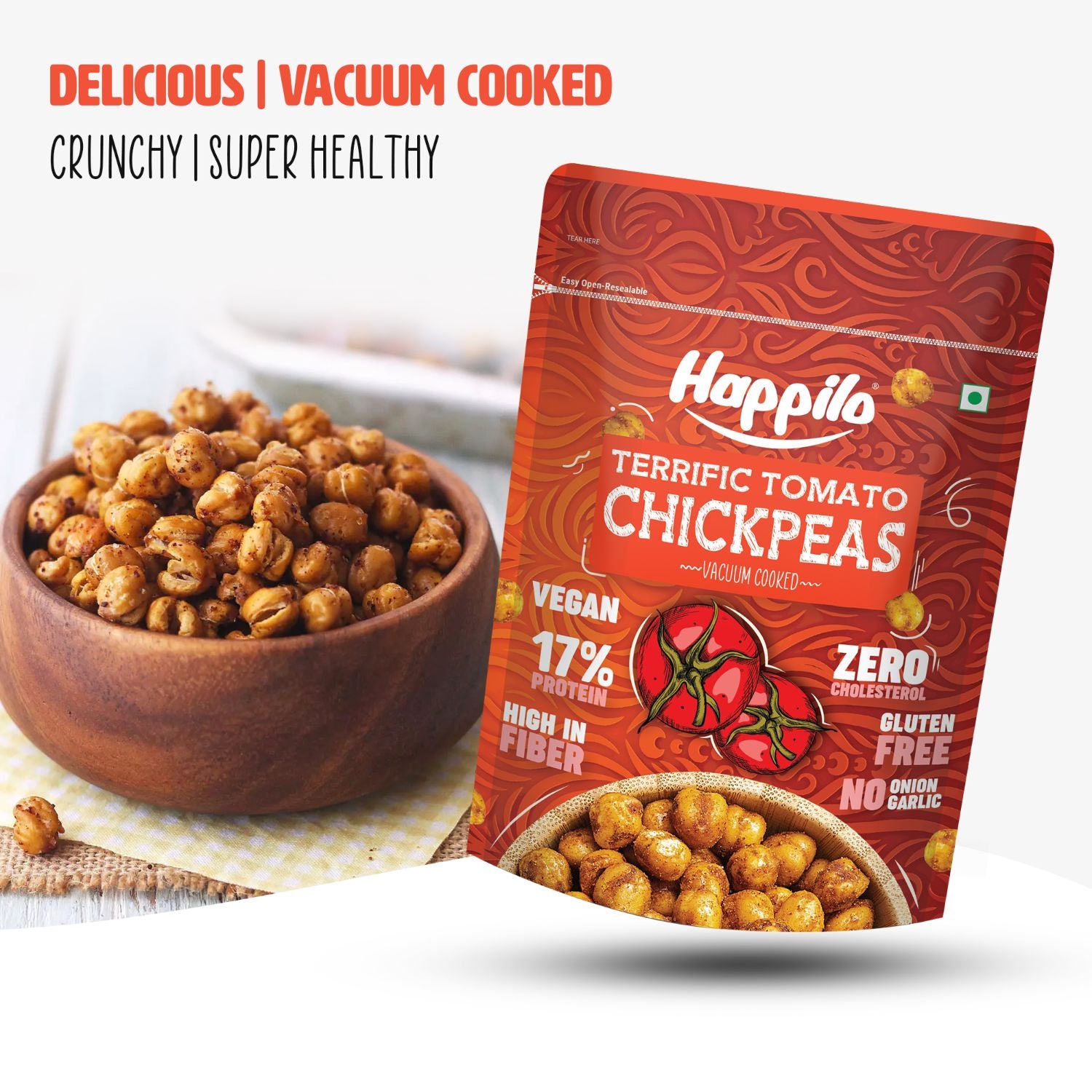 Happilo Premium Super Snack Terrific Tomato Chickpeas (Pack Of 3) 110g each, Crunchy and Delicious, Super Healthy