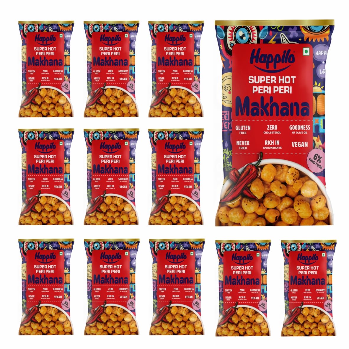 Happilo Premium Super Snack Makhana Peri Peri (Pack Of 12) 14g