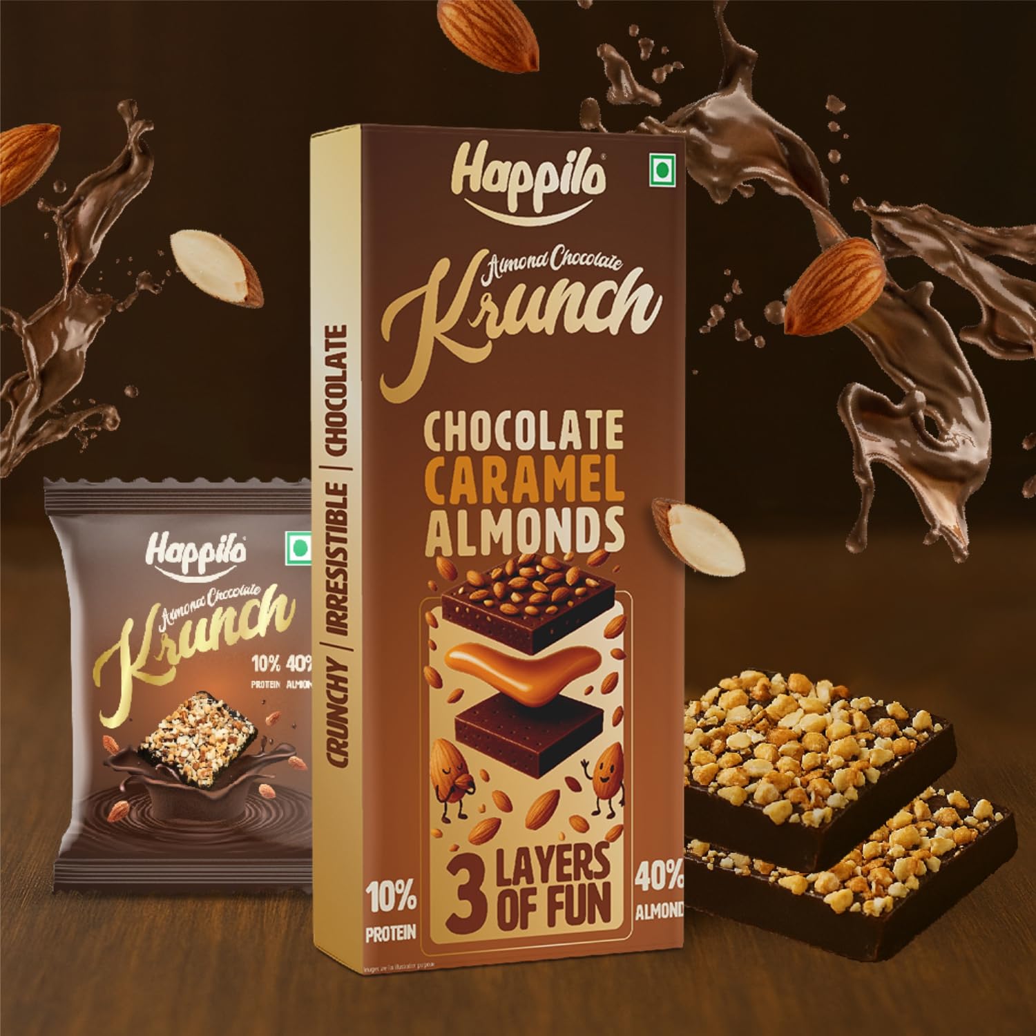 Happilo Premium Almond Chocolate Krunch Gift Pack 51g (Pack of 3, 17g), Protein 10%, Almonds 40%, Almond Bar Chikki, No Preservatives, Gluten Free