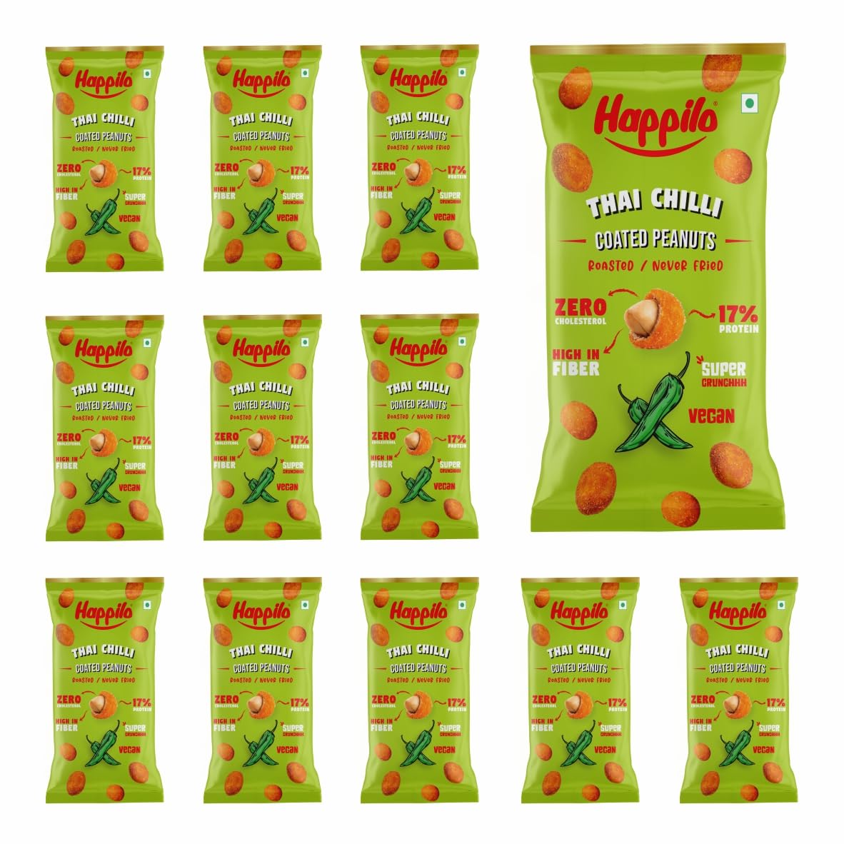 Happilo Premium Super Snack Thai Chilli Peanuts (Pack Of 12) 25g