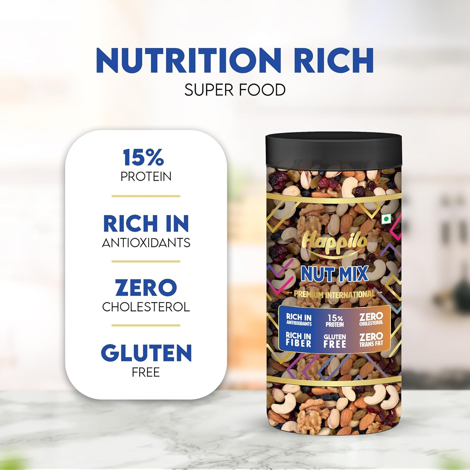 Happilo Premium Nut Mix, Almonds, Pistachios, Cashew nuts, Walnut, Cranberries, Raisins, 500g Jar