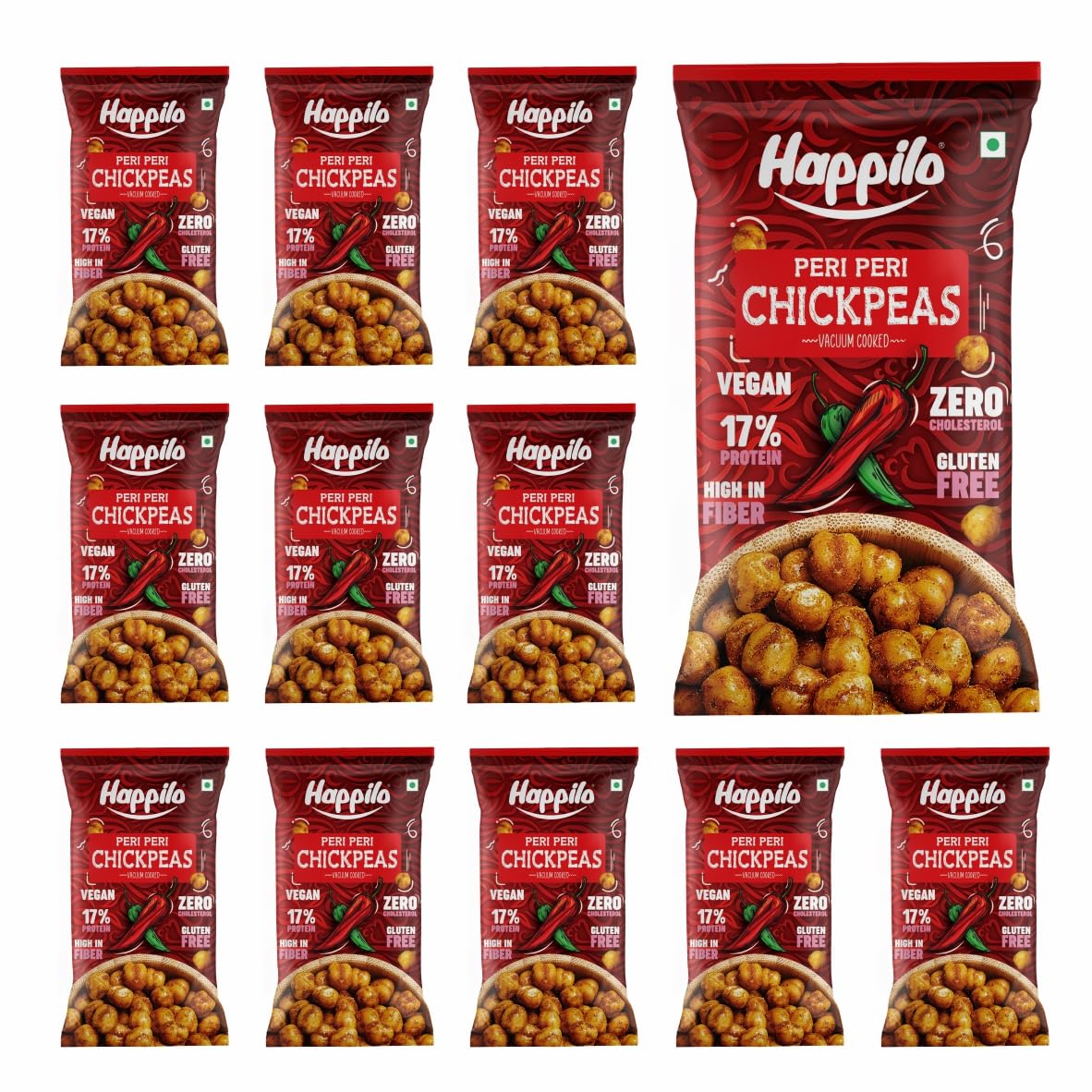 Happilo Premium Super Snack Peri Peri Chickpeas (Pack Of 12) 20g each, Crunchy and Delicious, Super Healthy