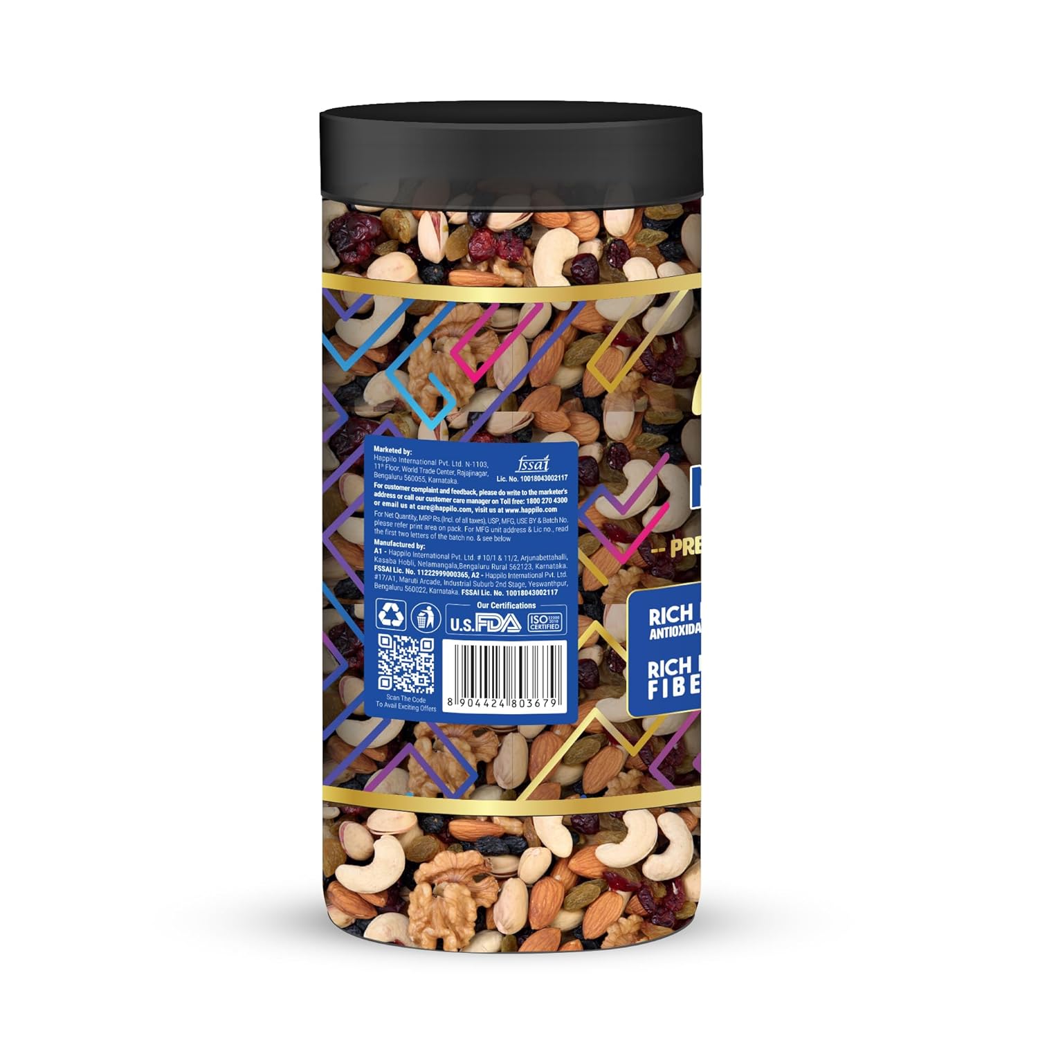 Happilo Premium Nut Mix 500g Jar (Pack of 2), Almonds, Pistachios, Cashew nuts, Walnut, Cranberries, Raisins