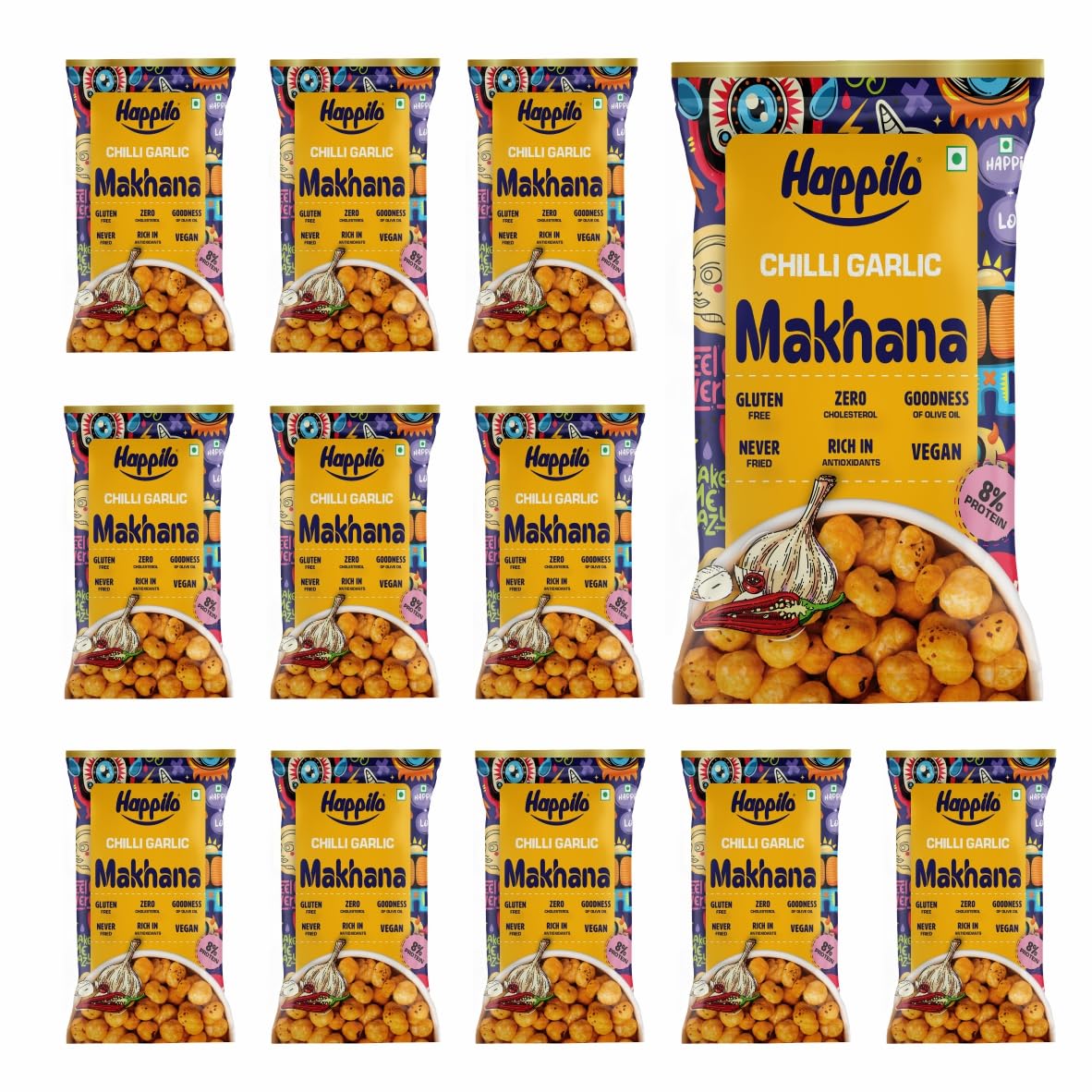 Happilo Premium Super Snack Makhana Chilli Garlic (Pack Of 12) 14g