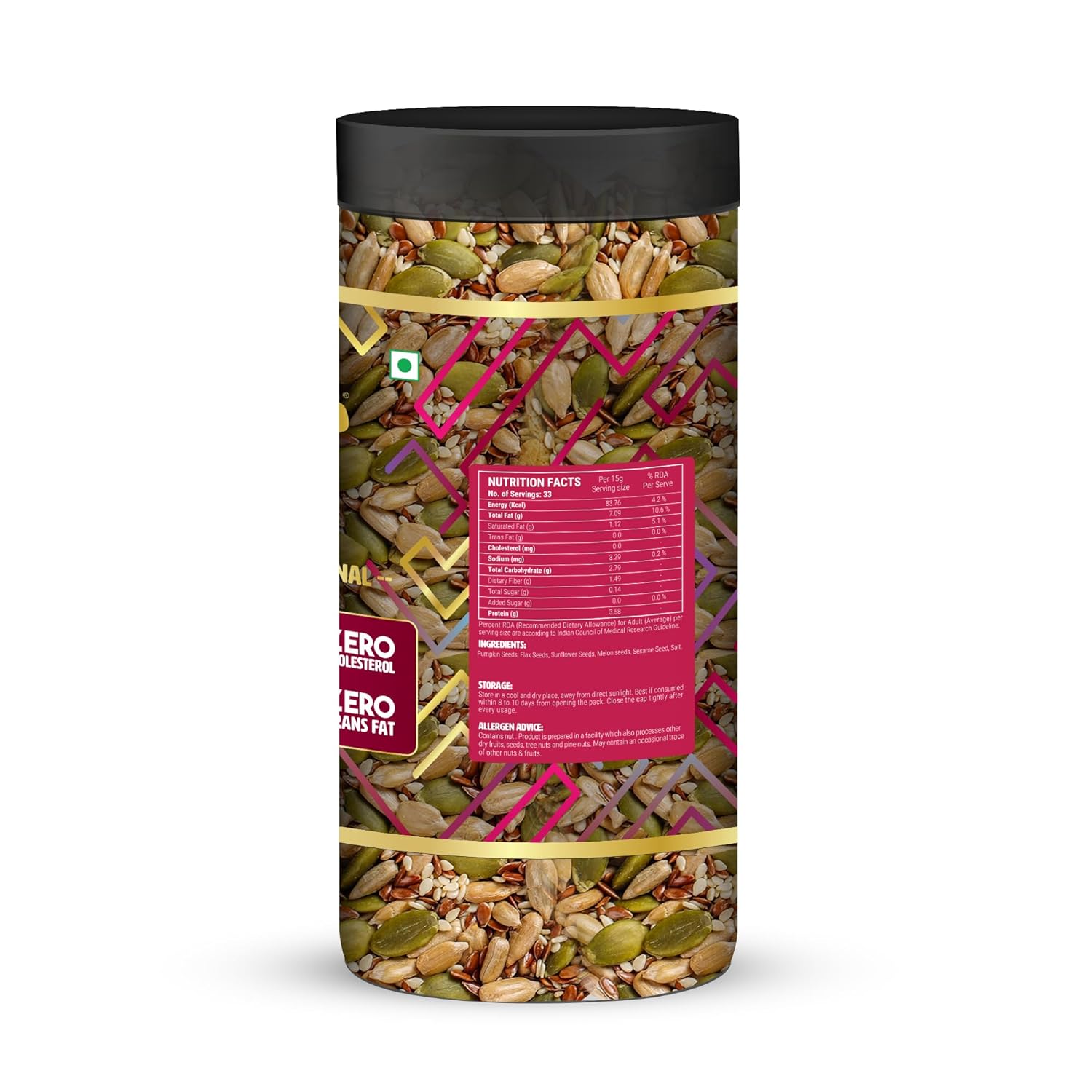 Happilo Premium Super Seeds Mix, Pumpkin Seeds, Flax Seeds, Sunflower Seeds, Melon Seeds, Sesame Seeds, 500g Jar (Pack of 2)