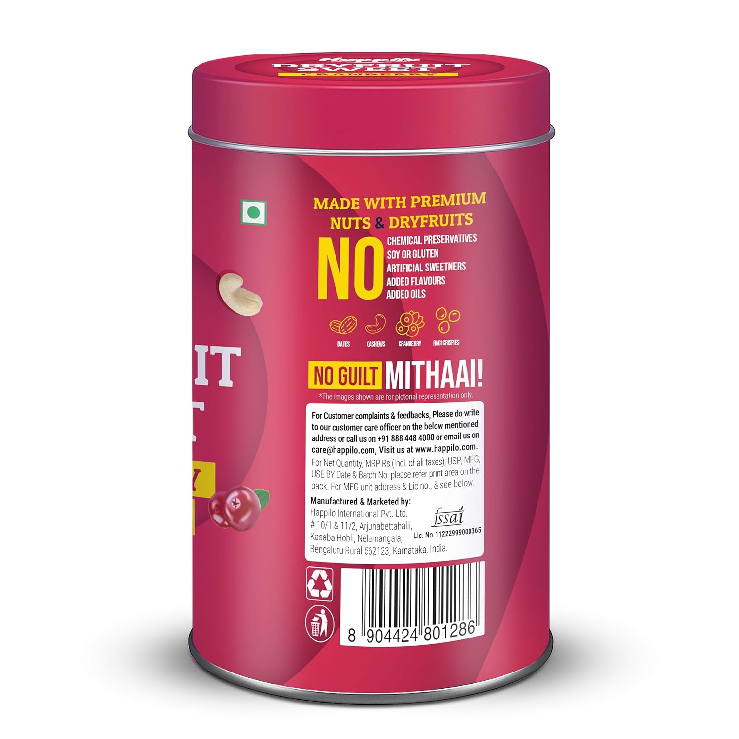 Happilo Premium Cranberry Cashew Healthy Dry Fruit Sweets Bar Tin 150g, Healthy Snack, High in Protein Nuts, No Added Sugar, Vegan, Tasty as a Desert, No preservatives, For Energy, Fitness & Immunity