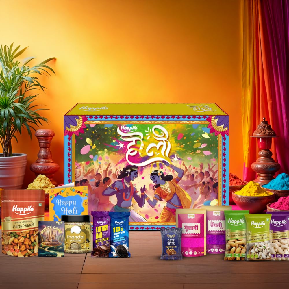 Happilo Leela Holi Gift Box 258g, Holi Greeting Card, Thandi Mix, Organic Colour, Almonds, Cashews, Pistachios, Party Snack, Chocolate Energy Bar, Date Bites and Playing Cards