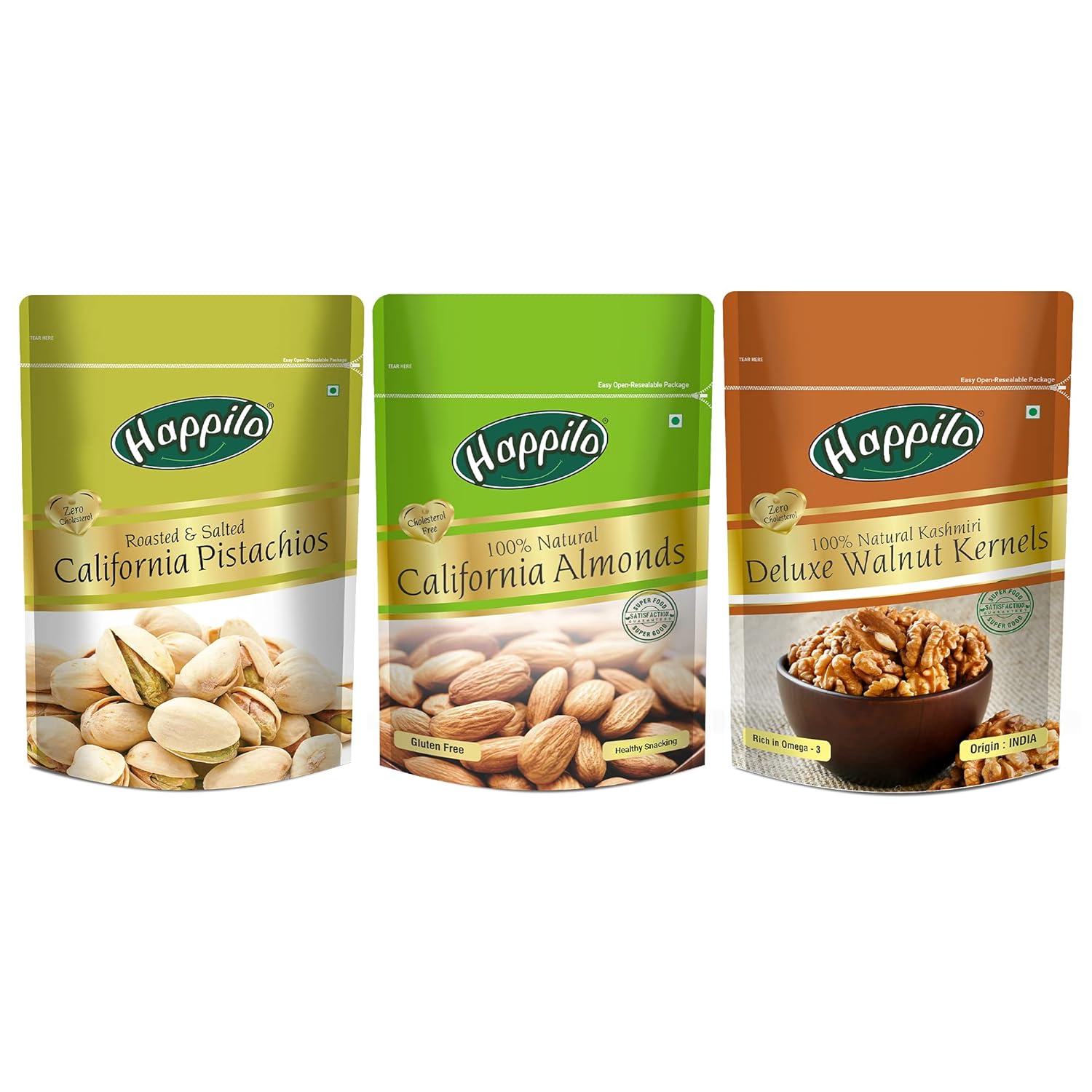 Happilo Premium Californian Almonds, Deluxe Walnuts Kernels & Californian Pistachio Combo Pack of 200g each